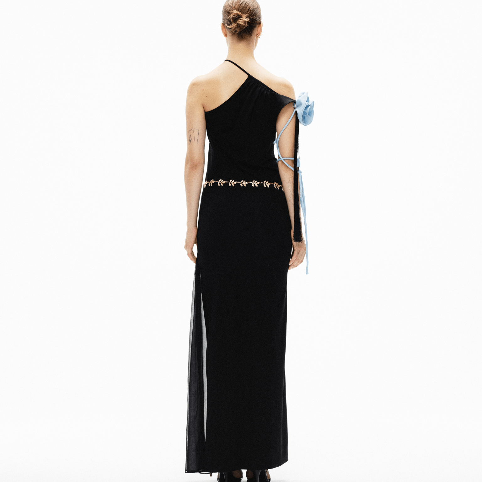 ARTE PURA Off - shoulder Contrasting Floral And Leaf Silk Dress In Black | MADAX