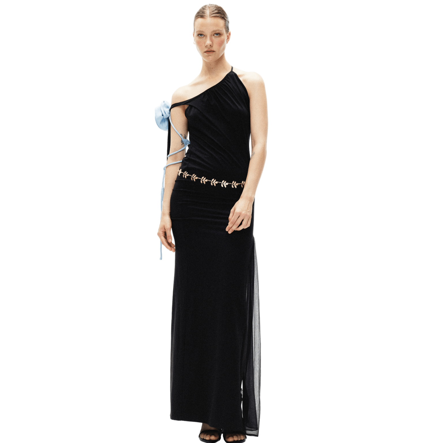 ARTE PURA Off - shoulder Contrasting Floral And Leaf Silk Dress In Black | MADAX