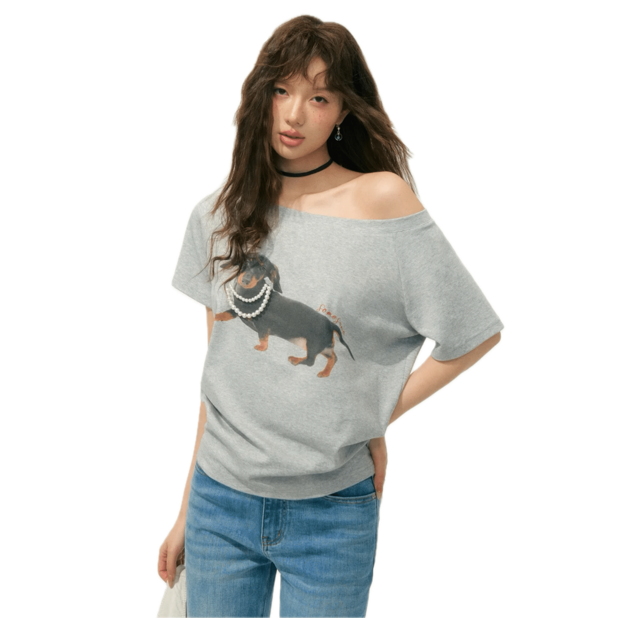 SOMESOWE Off - shoulder Pearl Embroidered Dachshund T-shirt in Grey | MADAX