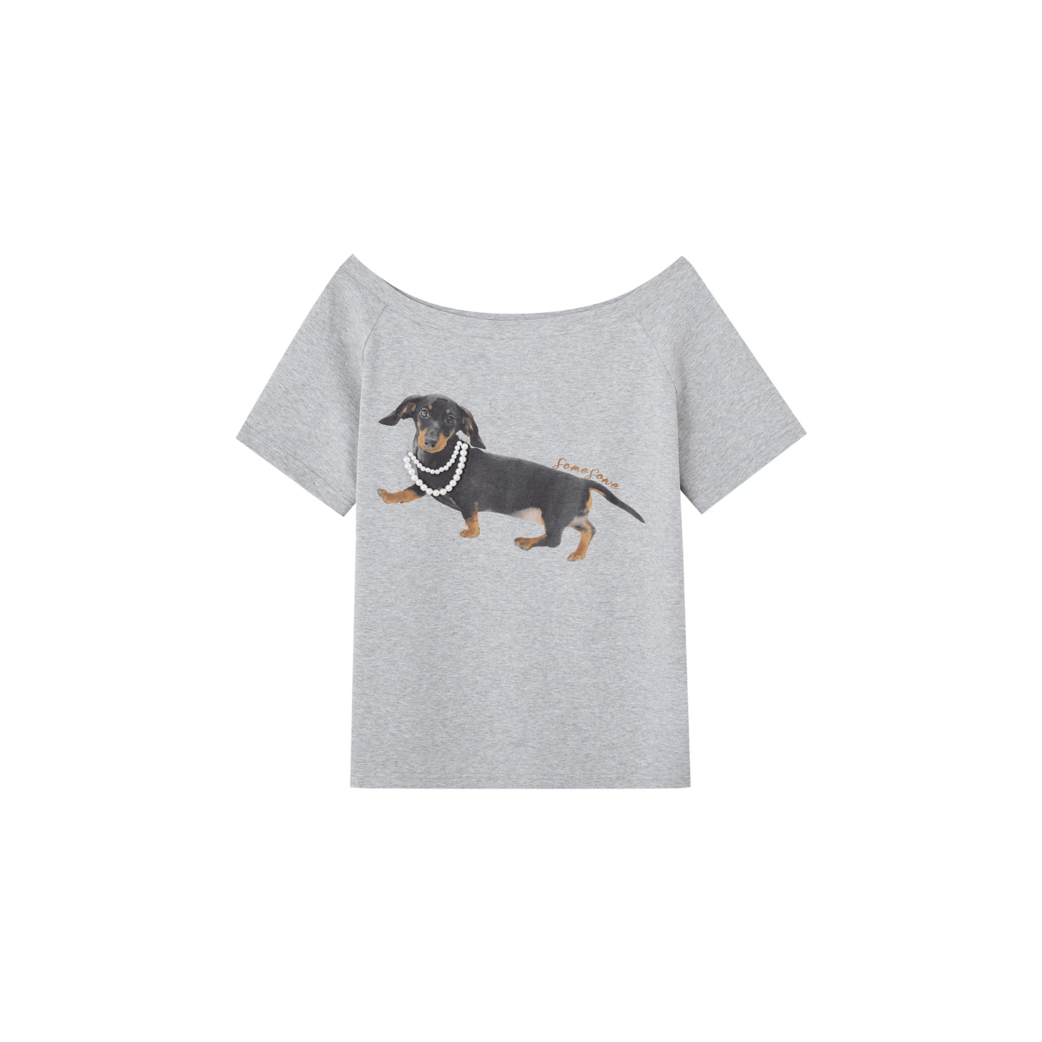 SOMESOWE Off - shoulder Pearl Embroidered Dachshund T-shirt in Grey | MADAX