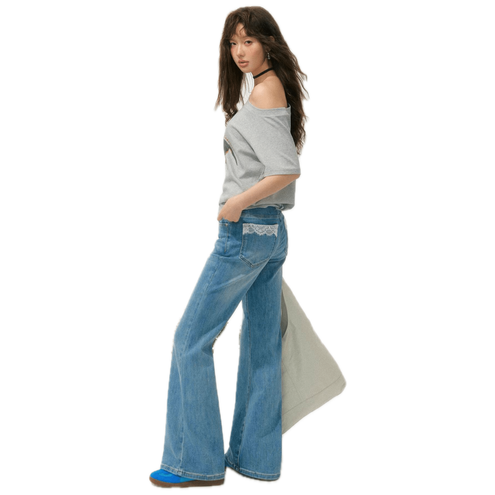 SOMESOWE Off - shoulder Pearl Embroidered Dachshund T-shirt in Grey | MADAX