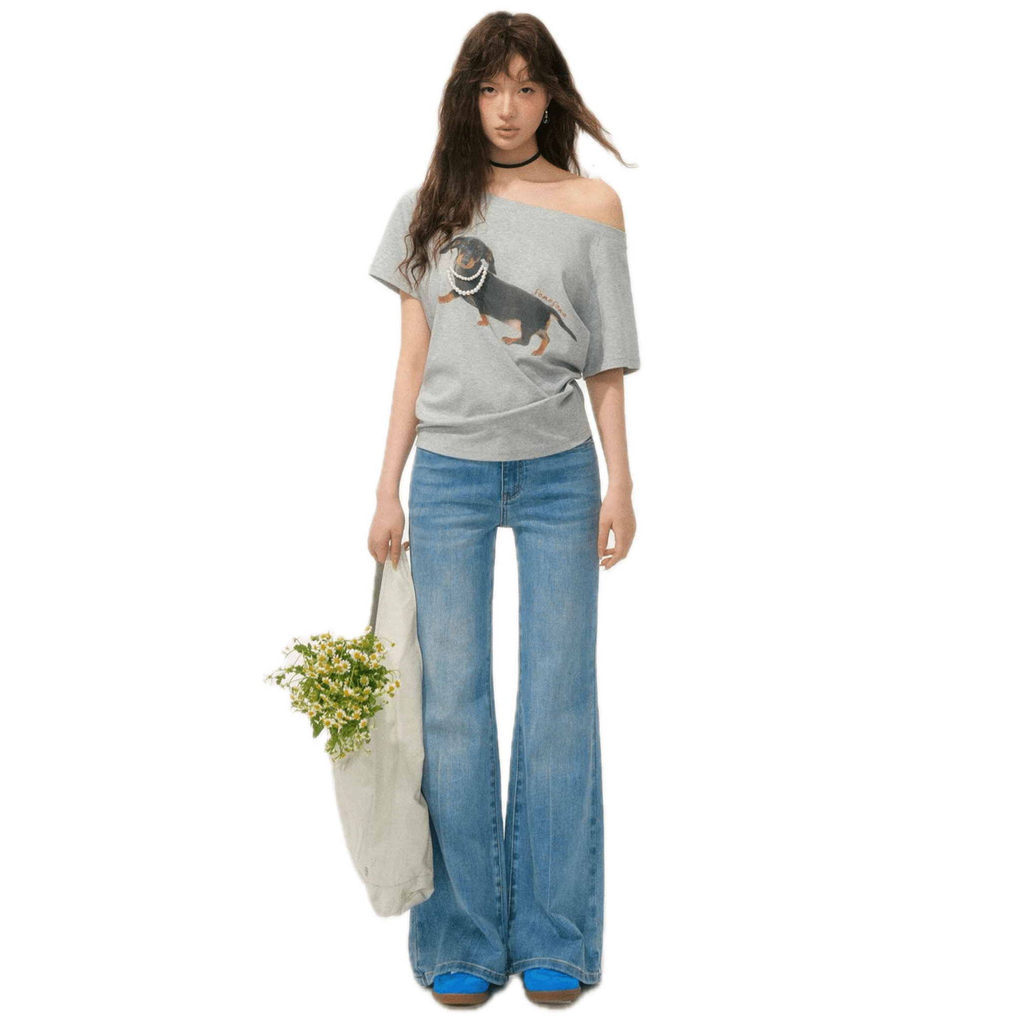 SOMESOWE Off - shoulder Pearl Embroidered Dachshund T-shirt in Grey | MADAX