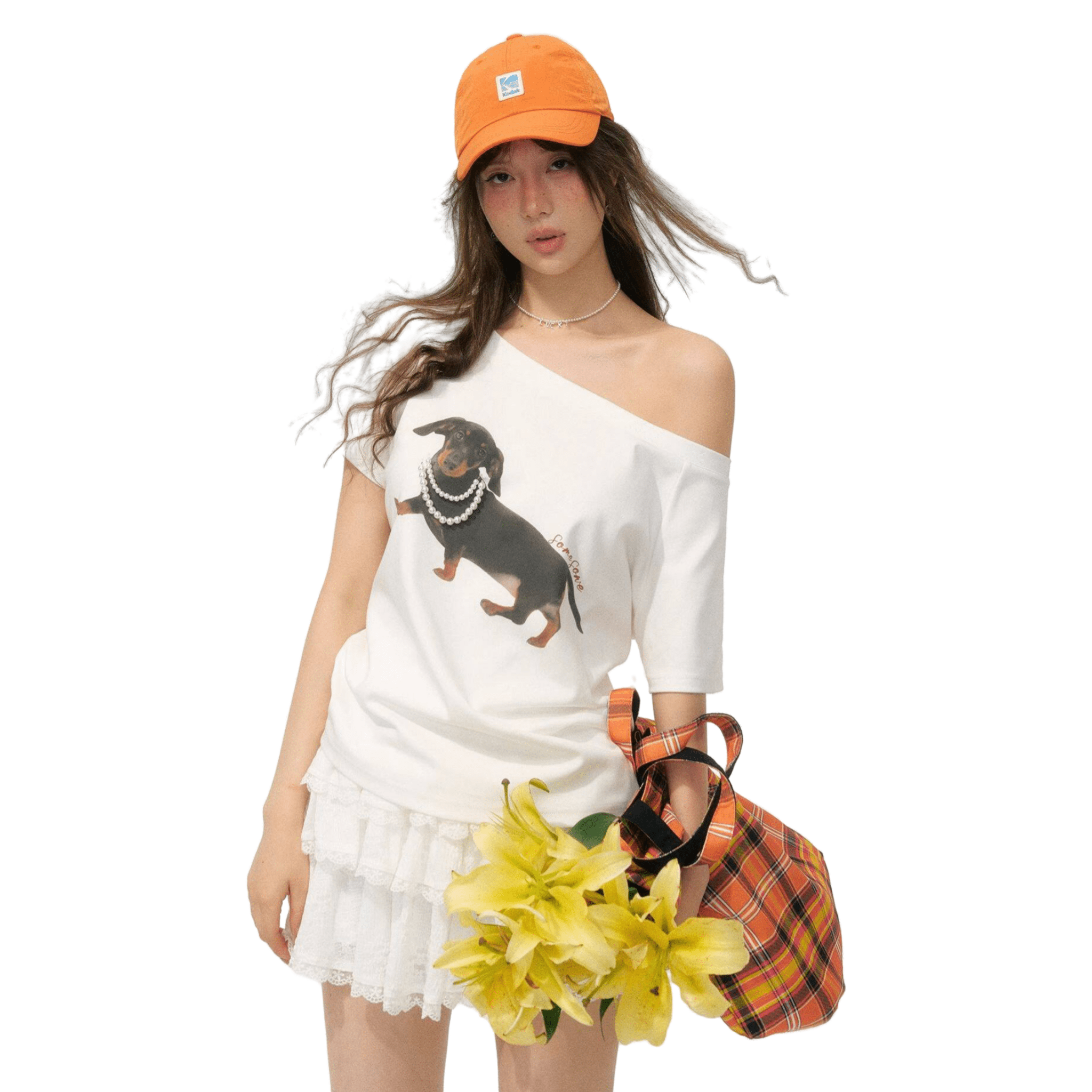 SOMESOWE Off - shoulder Pearl Embroidered Dachshund T-shirt in White | MADAX