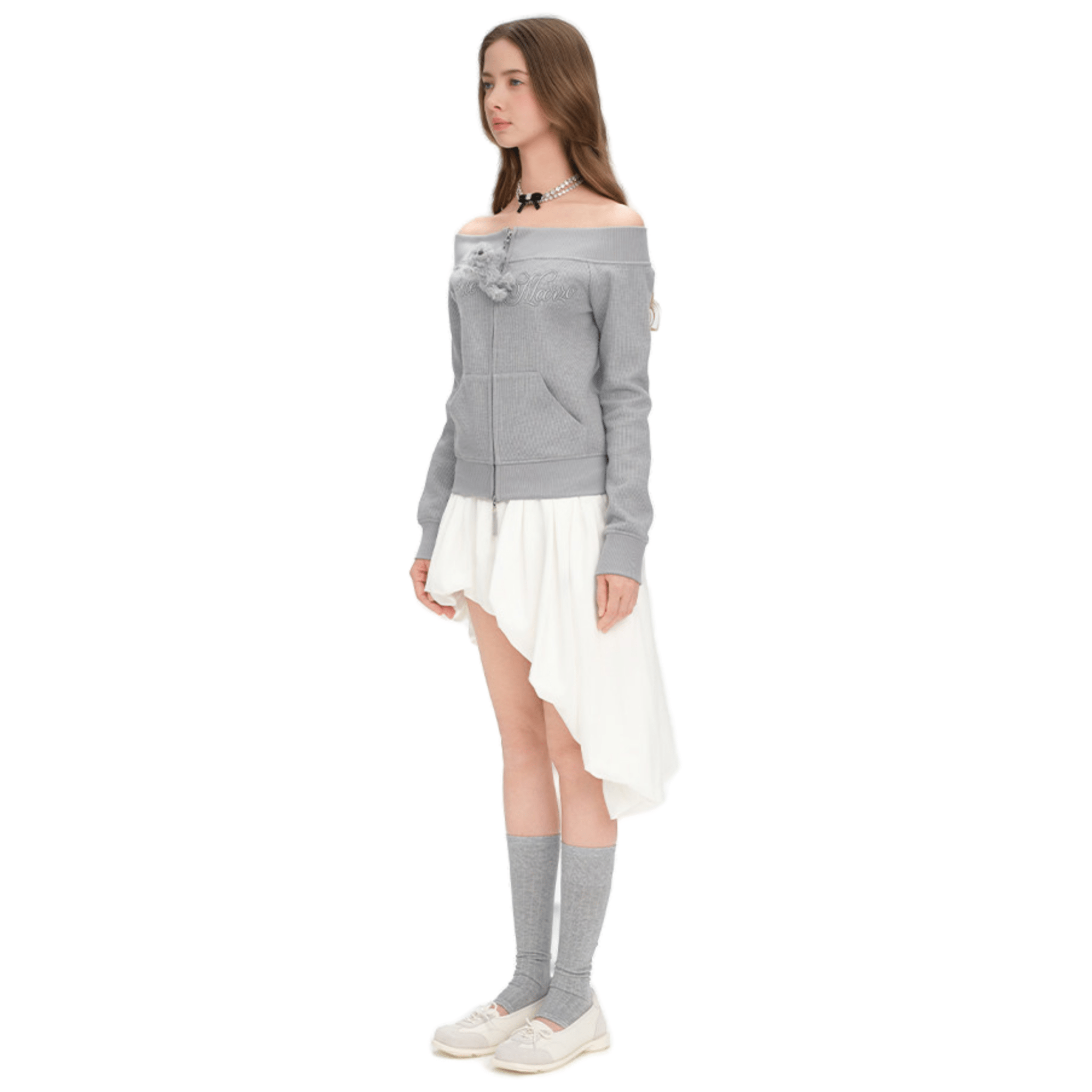 13DE MARZO Off - shoulder Shimmering Waffle Sweatshirt in Grey | MADAX
