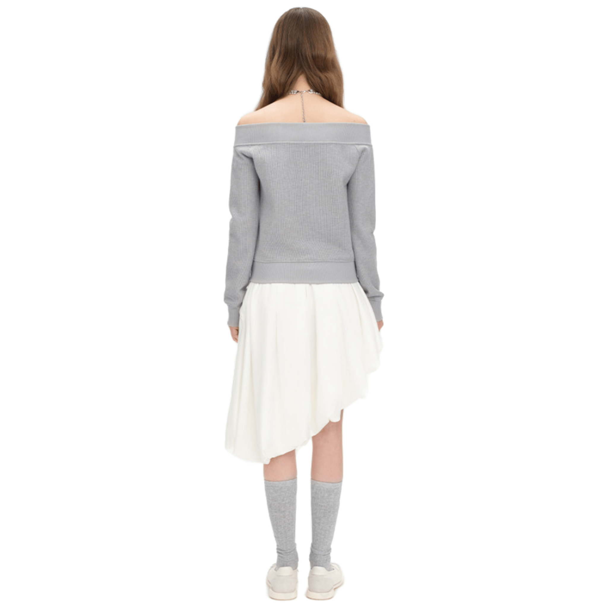 13DE MARZO Off - shoulder Shimmering Waffle Sweatshirt in Grey | MADAX