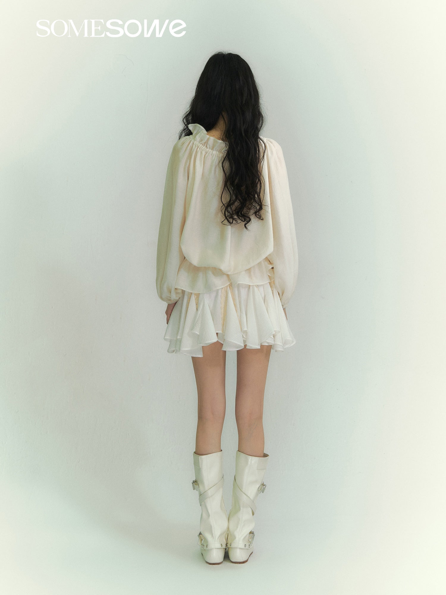 SOMESOWE Off Shoulder Tie - up Lantern Sleeve Shirt In Off - White | MADAX