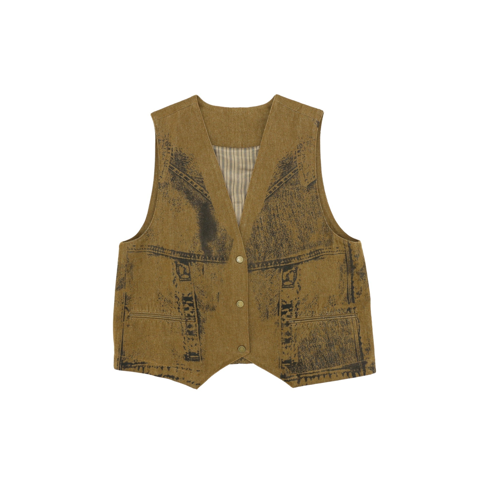 ilEWUOY Offset Print Denim Vest in brown | MADA IN CHINA