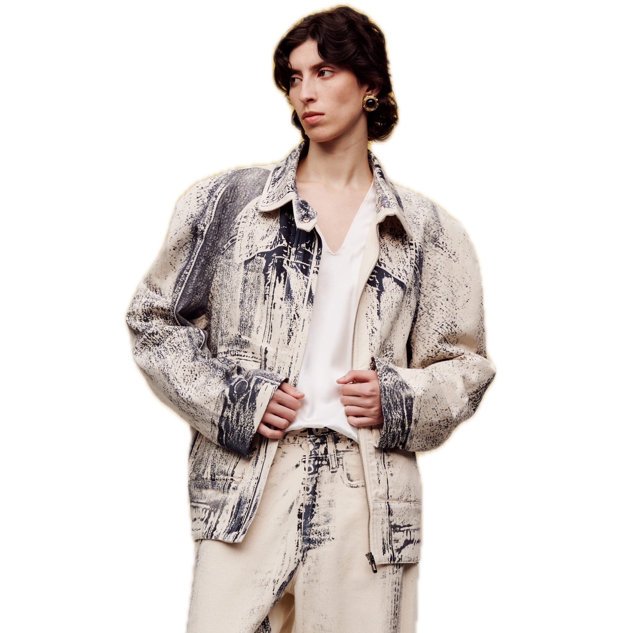 ilEWUOY Offset Print Round Shoulder Denim Jacket | MADA IN CHINA