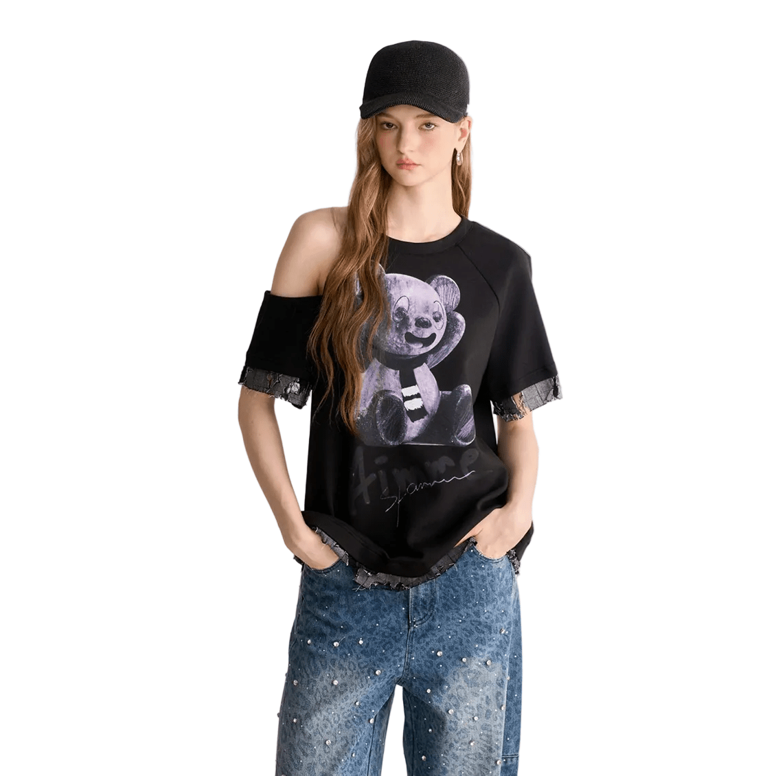 AIMME SPARROW One - shoulder Bear Print Short - sleeved Top In Black | MADAX