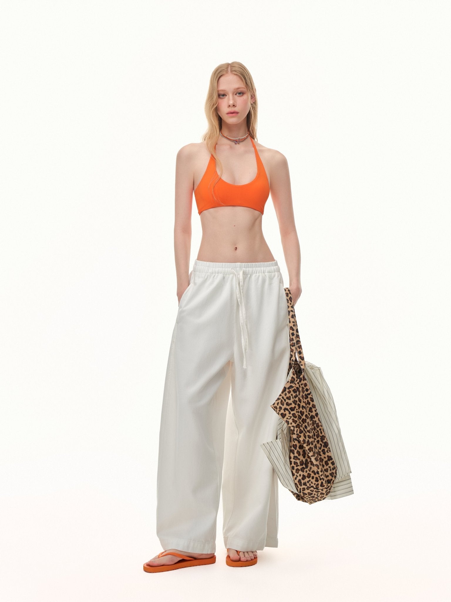 CLIMAX VISION Orange High Elastic Halter Neck Tie - up Built - in Bra Tank Top | MADAX