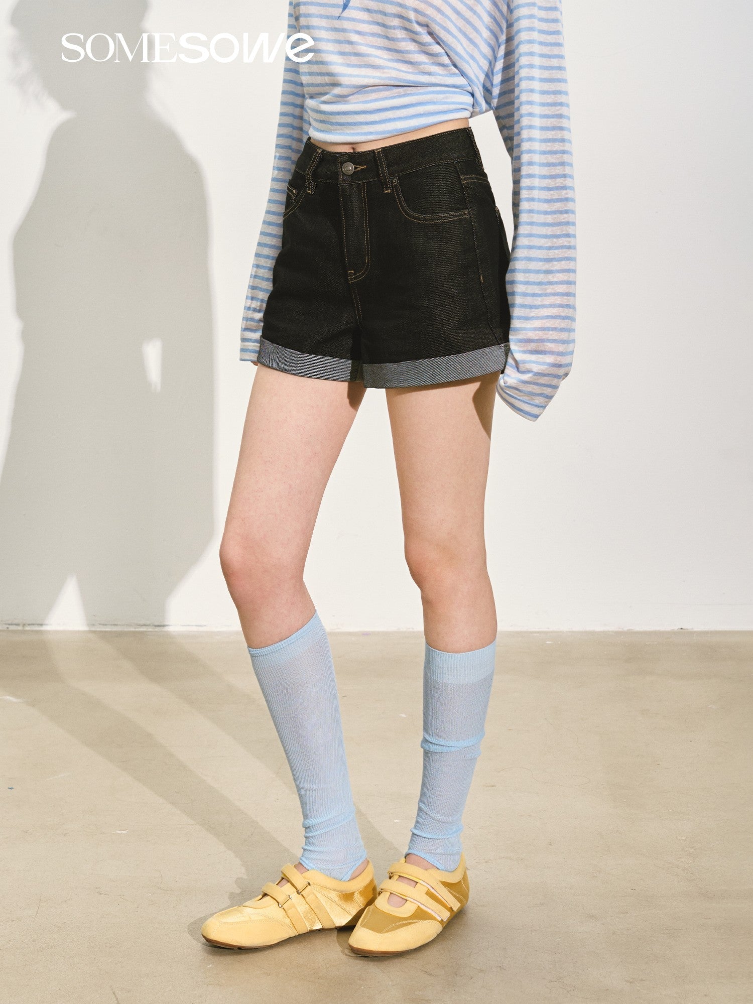 SOMESOWE Original Washed Hem Denim Shorts In Dark Blue | MADAX