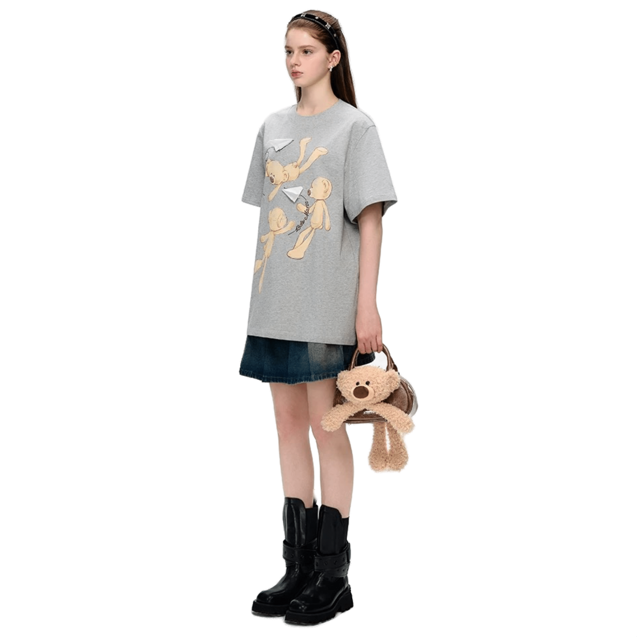 13DE MARZO Paper Plane Bear Short Sleeve in Floral Gray | MADAX