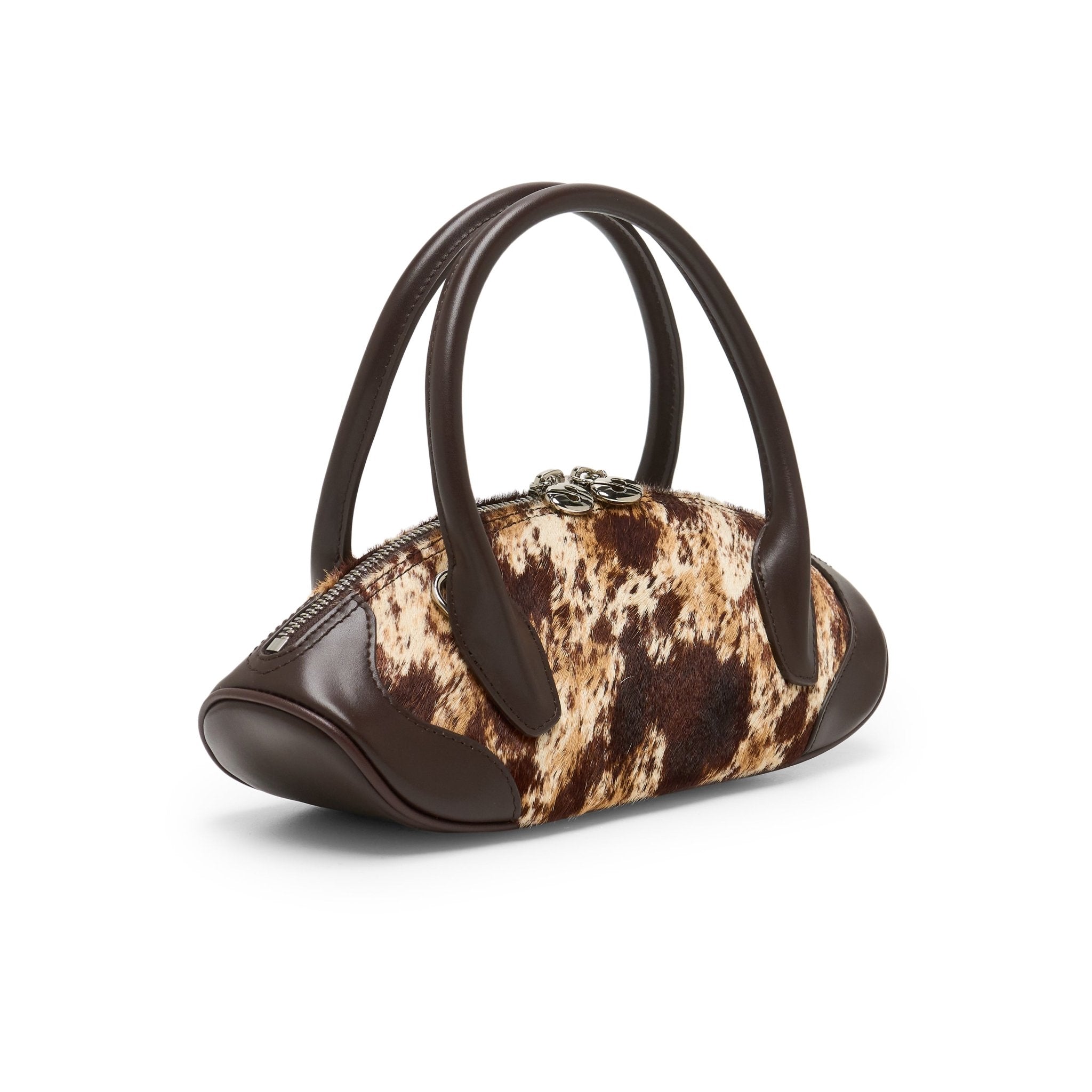 LOST IN ECHO Patchwork Small Dumpling Shaped Bowling Bag In Brown | MADAX