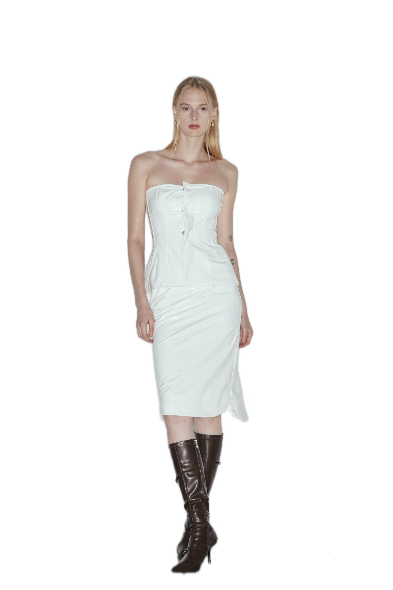 NECESSARY ANANKE Patent Leather Corset Top In White NECESSARY ANANKE Patent Leather Corset Top In White