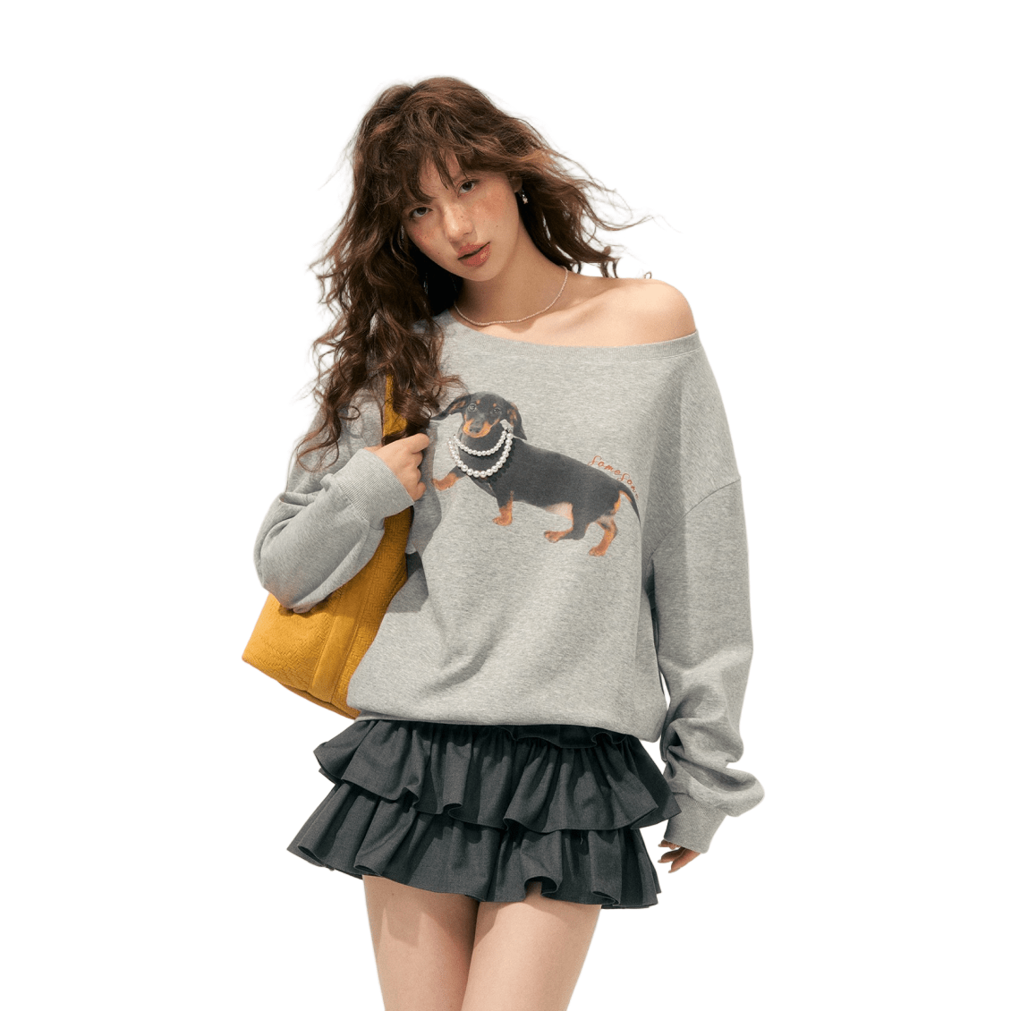 SOMESOWE Pearl Dachshund Off - shoulder Sweatshirt In Gray | MADAX