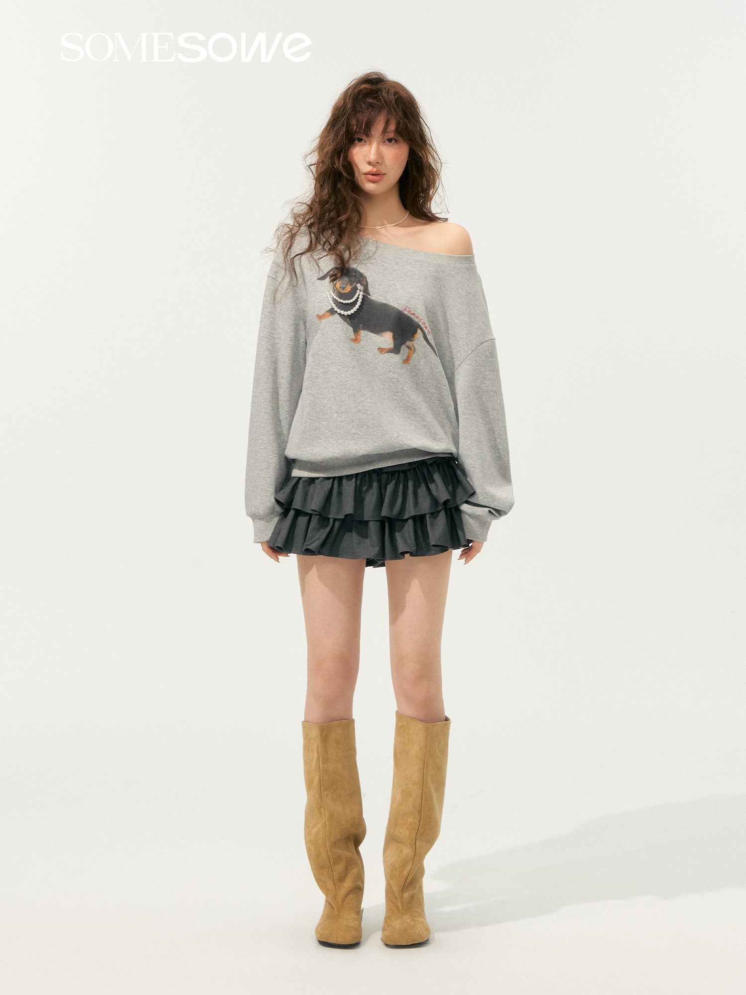 SOMESOWE Pearl Dachshund Off - shoulder Sweatshirt In Gray | MADAX