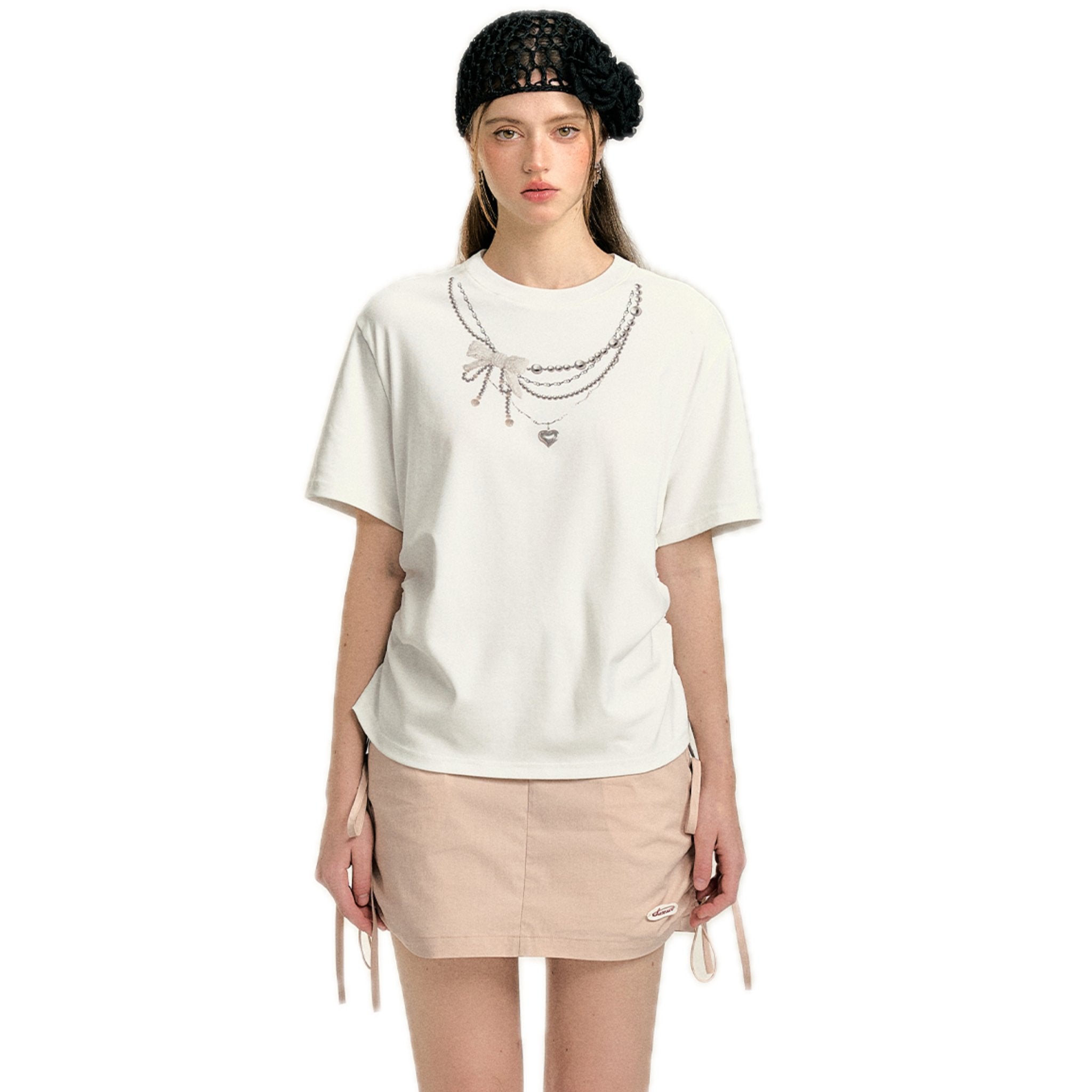 SOMESOWE Pearl Necklace Drawstring T - shirt in White | MADA IN CHINA