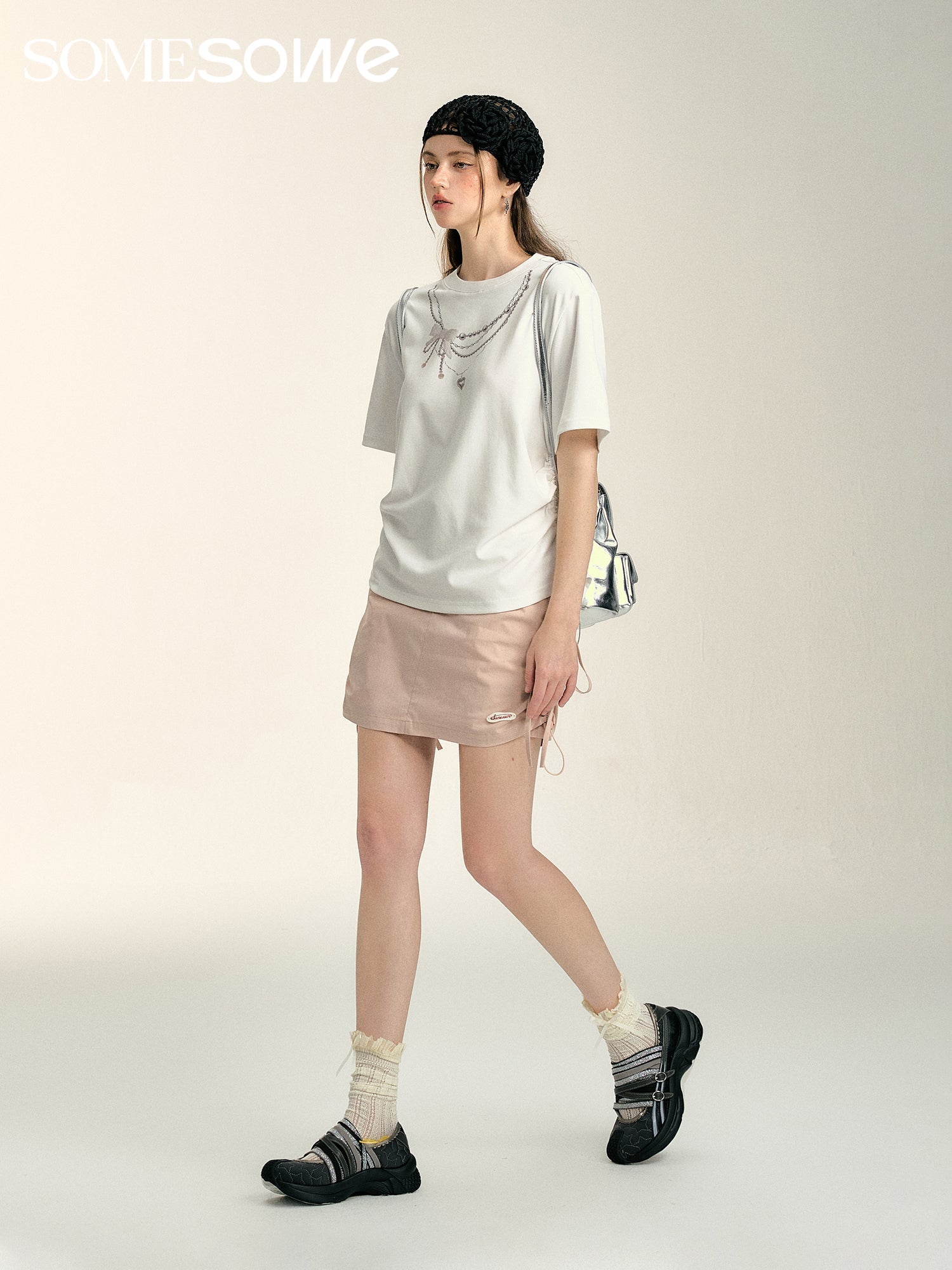 SOMESOWE Pearl Necklace Drawstring T - shirt in White | MADA IN CHINA