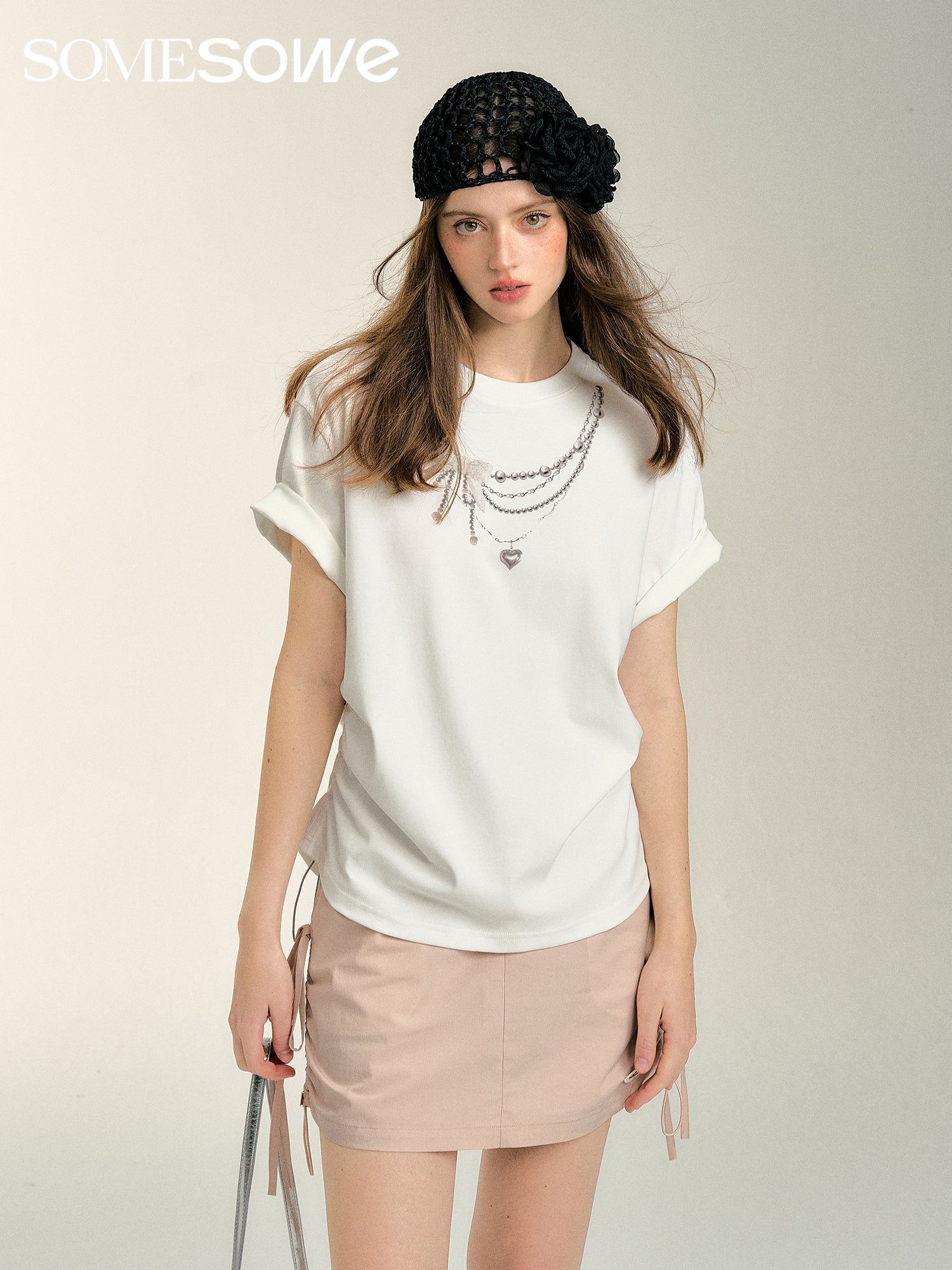 SOMESOWE Pearl Necklace Drawstring T - shirt in White | MADA IN CHINA