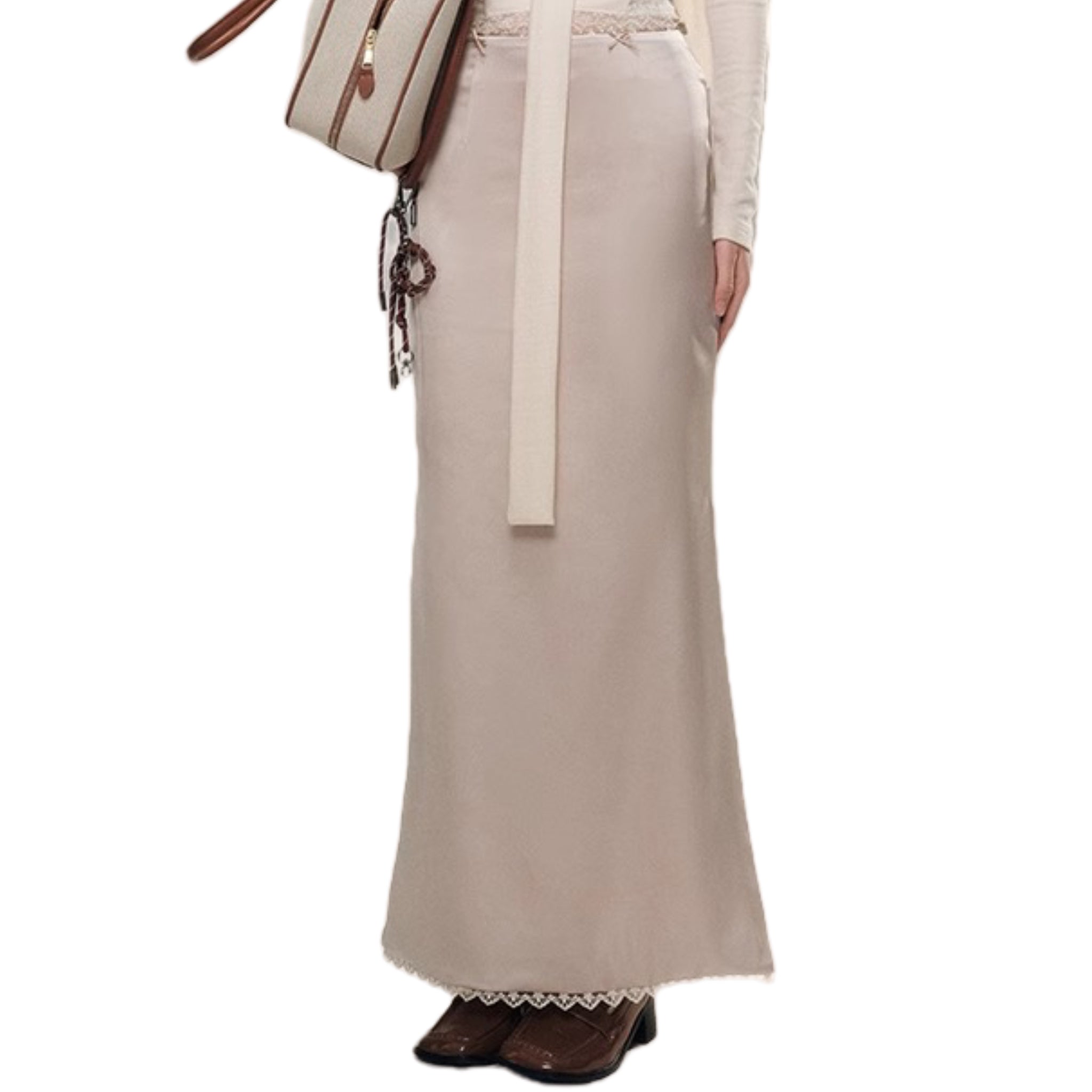 Group of Universe 'Pearlescent Luster' Shimmer Acetate Maxi Skirt In Beige | MADAX