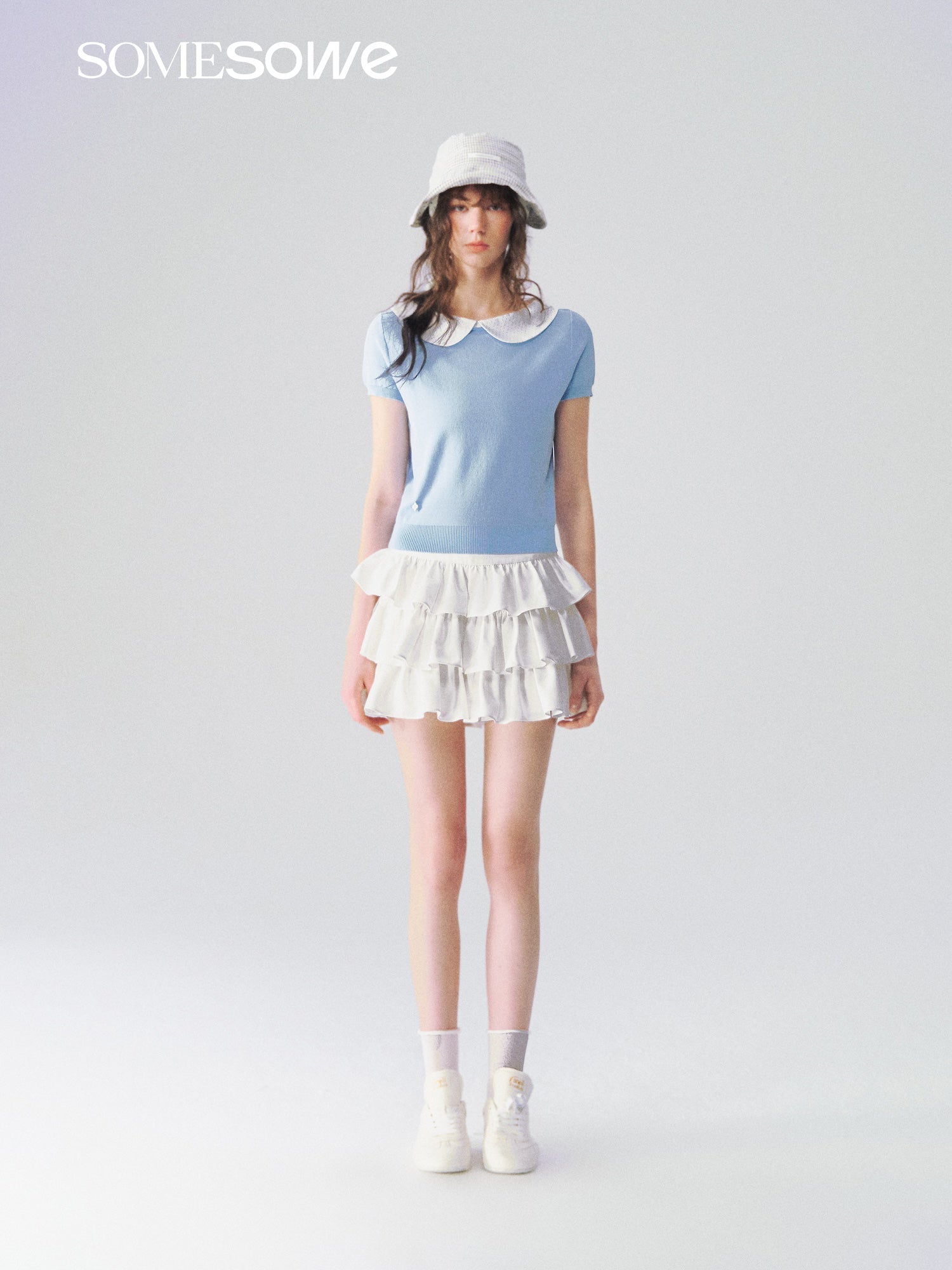 SOMESOWE Peter Pan Collar Patchwork Knit Short - Sleeve In Blue | MADAX