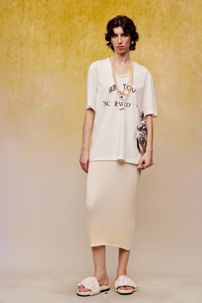 ilEWUOY Pineapple Pattern Body Knitted Skirt in White | MADA IN CHINA