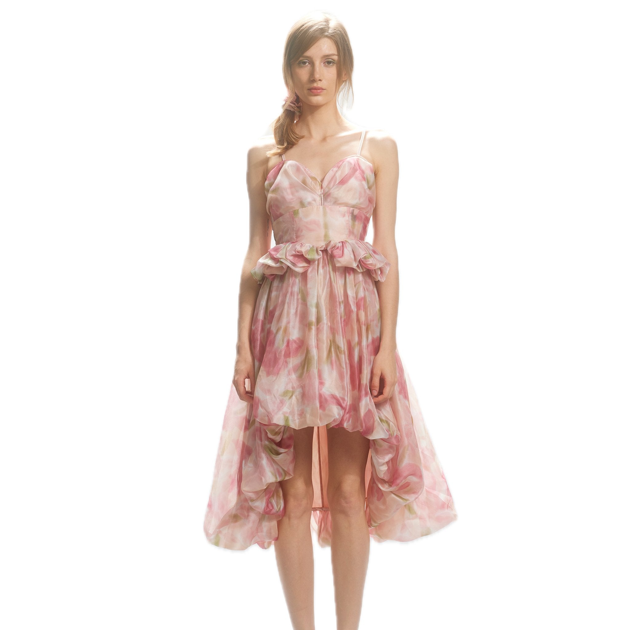 ARTE PURA Pink and Green Floral Printed Pod Halter Dress | MADA IN CHINA