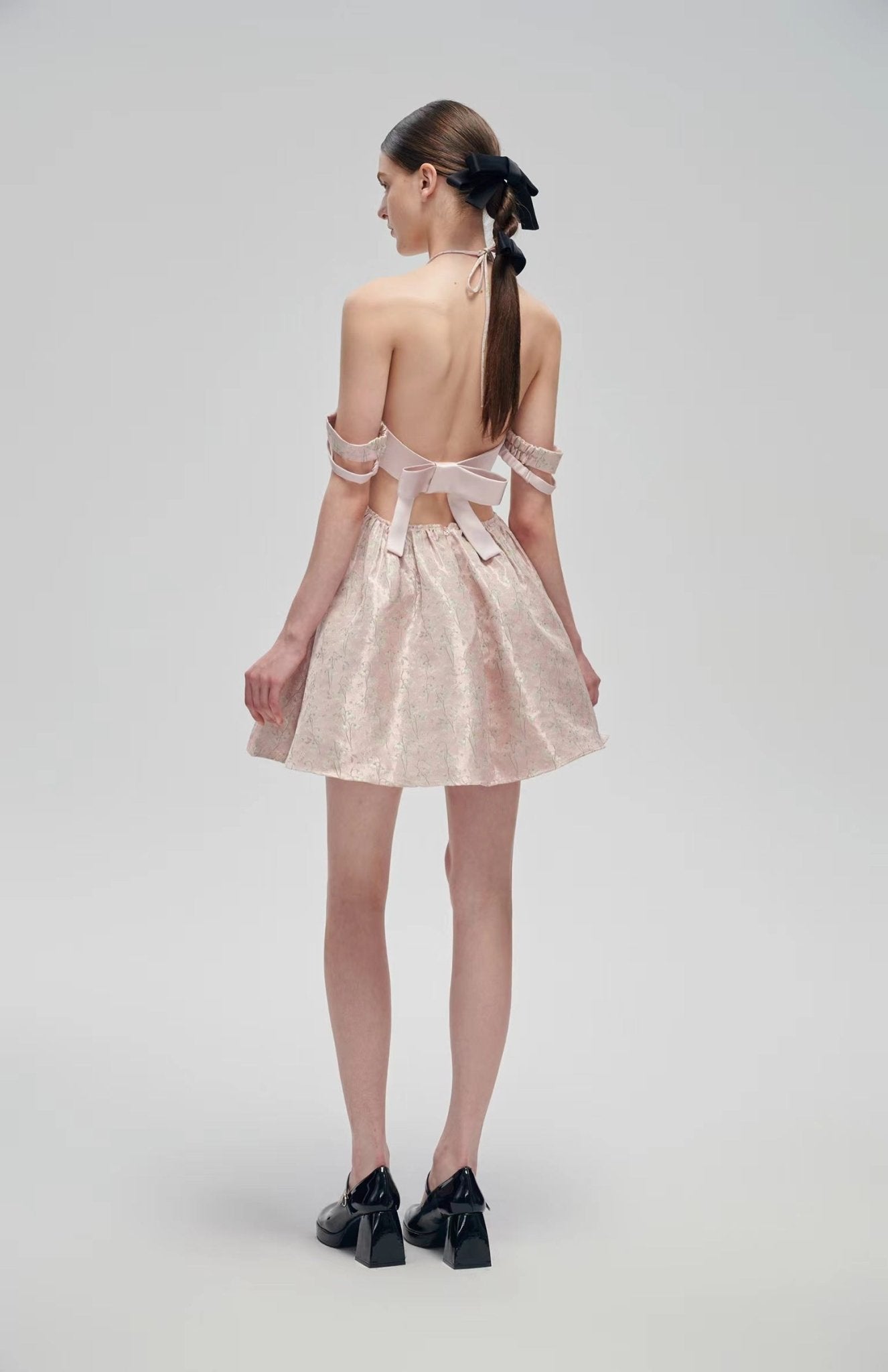 Fa sogno Pink Back Bow Jacquard Vintage Dress | MADA IN CHINA