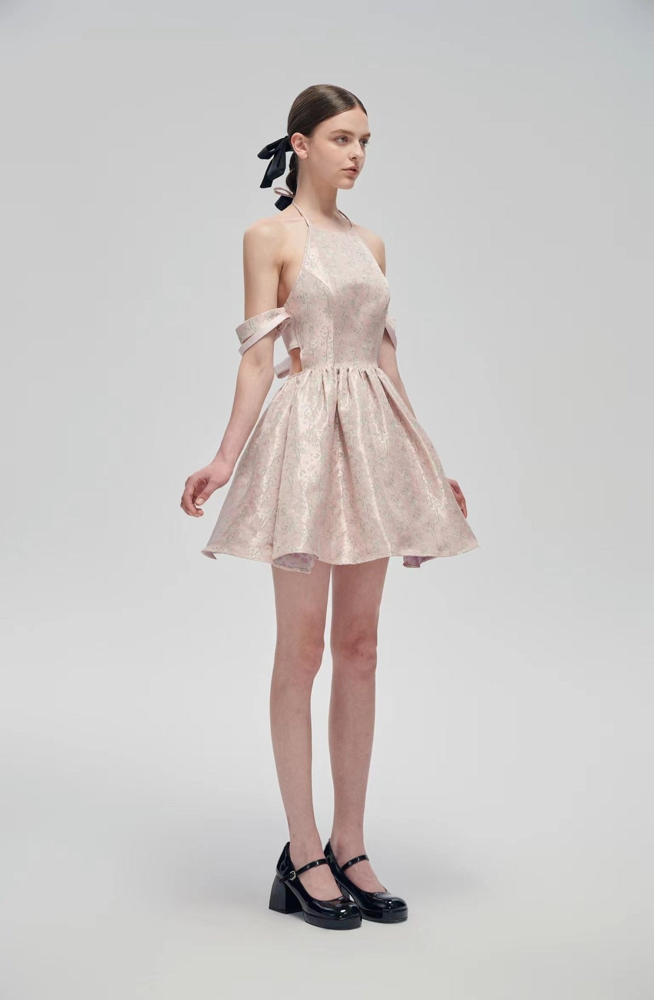 Fa sogno Pink Back Bow Jacquard Vintage Dress | MADA IN CHINA