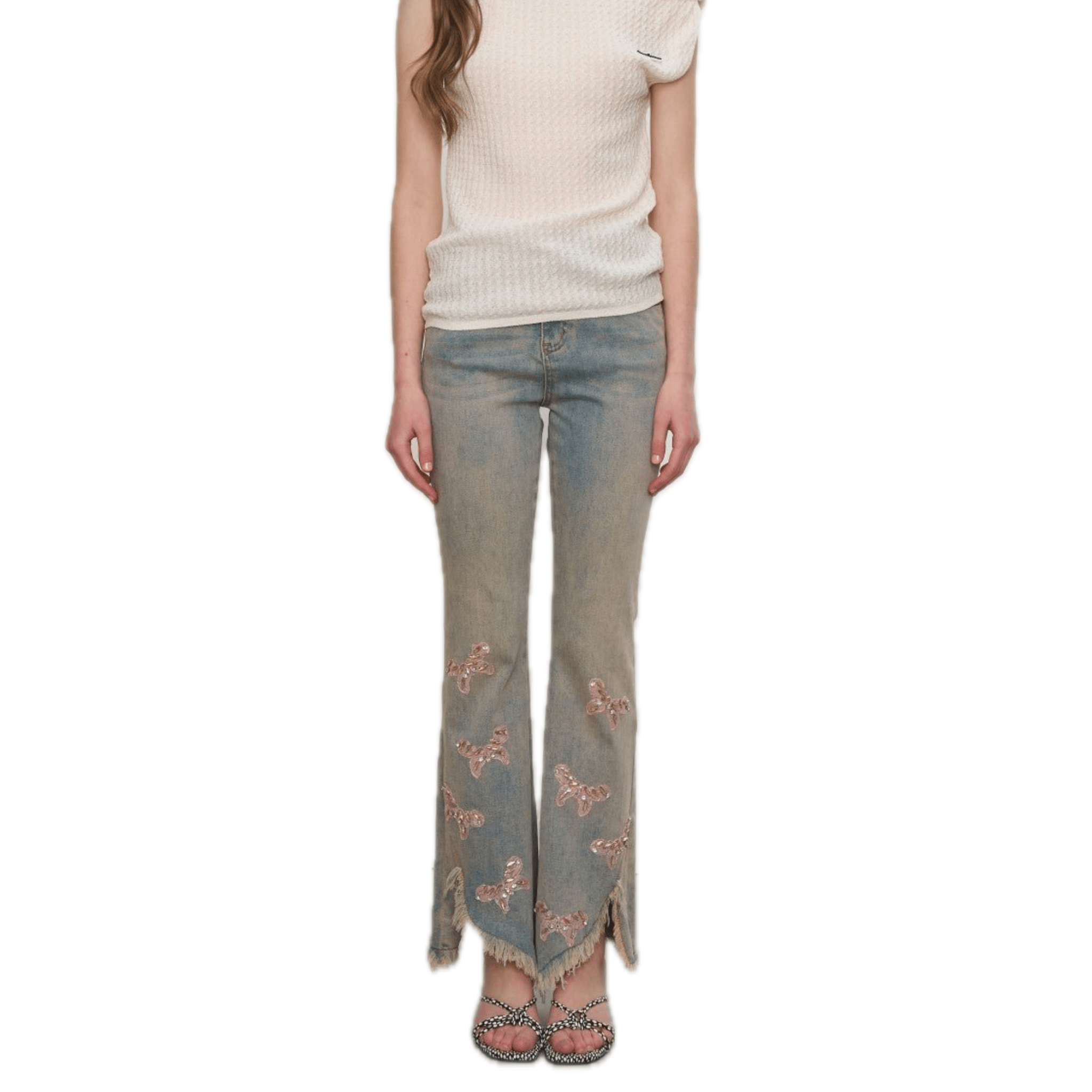 AIMME SPARROW Pink Butterfly Embroidery Slit Tassel Jeans In Blue | MADAX