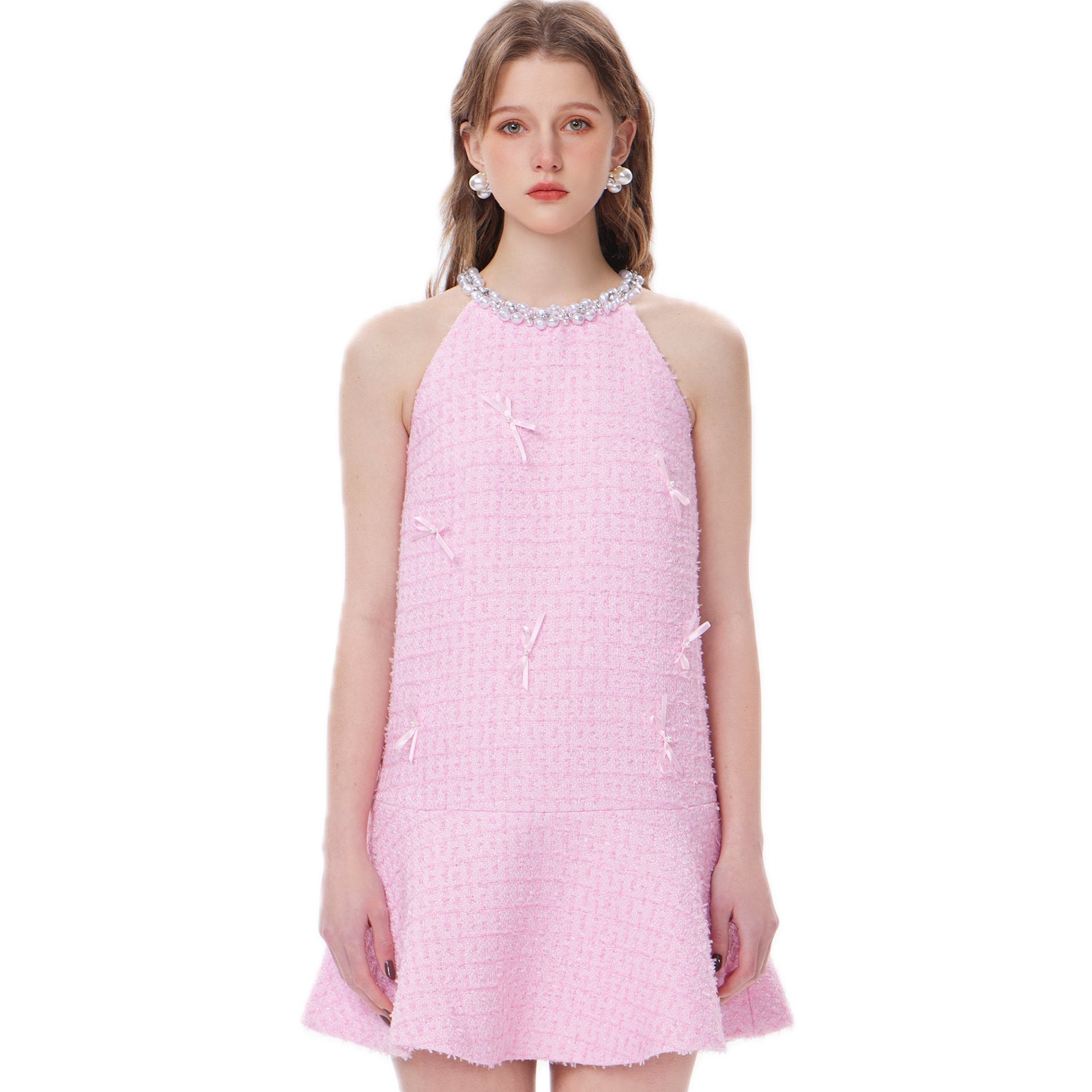 THREE QUARTERS Pink Chambray Pearl Neck Dress | MADA IN CHINA