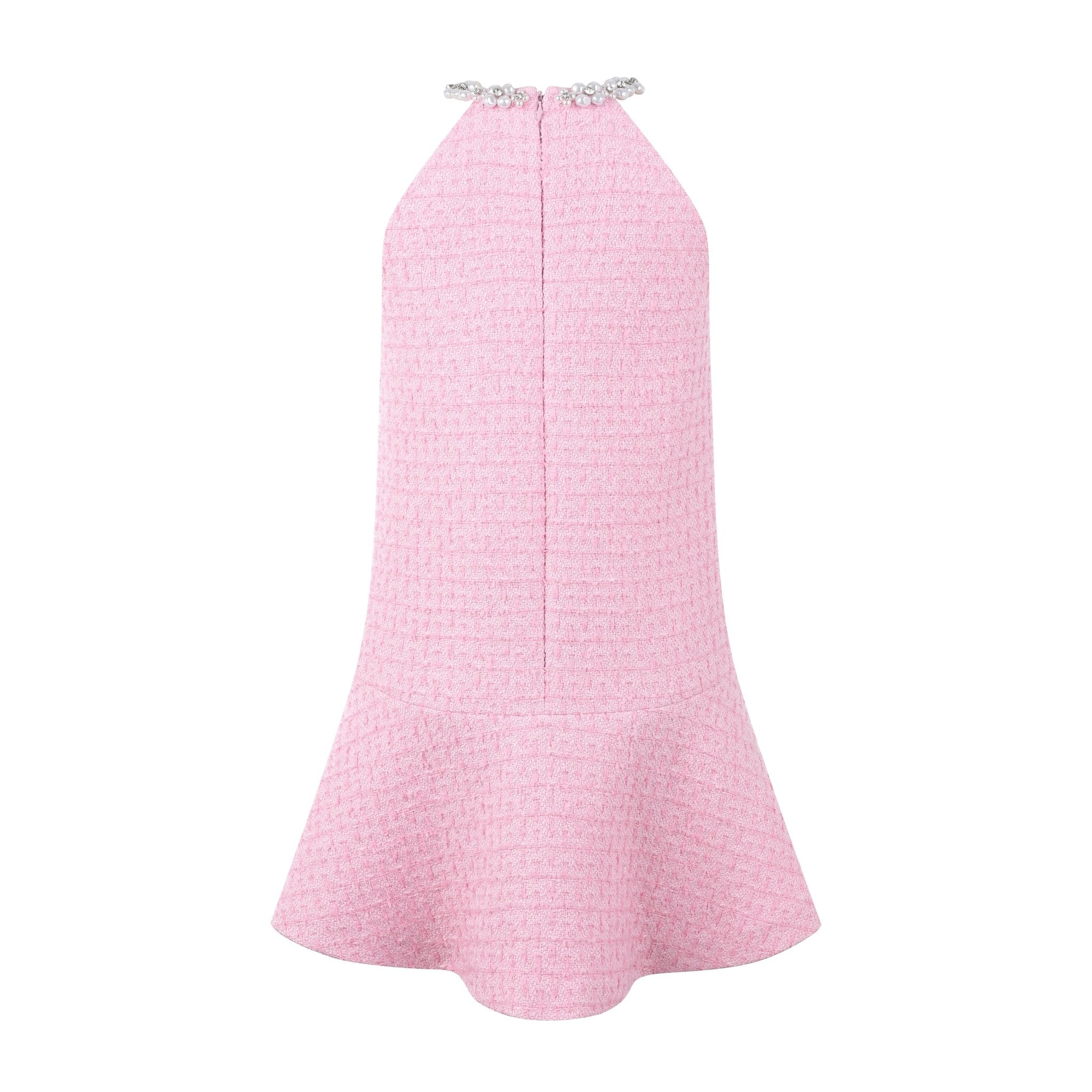 THREE QUARTERS Pink Chambray Pearl Neck Dress | MADA IN CHINA