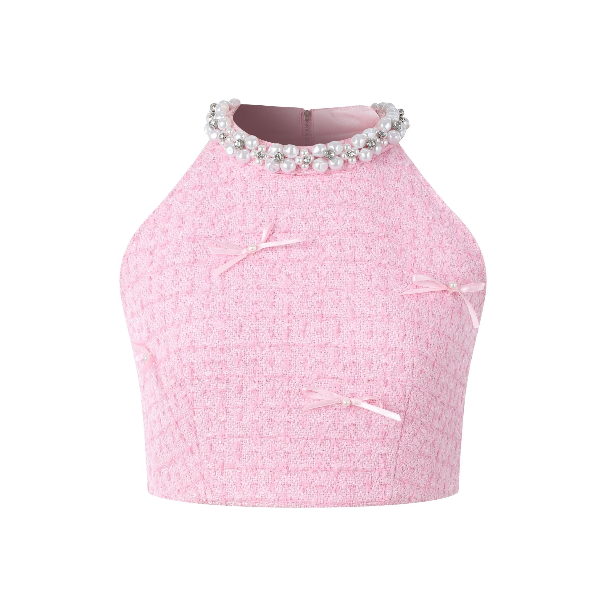 THREE QUARTERS Pink Chambray Pearl Neck Tank Top | MADA IN CHINA