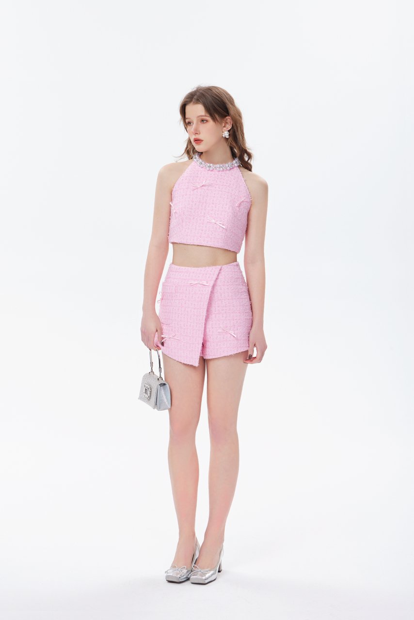 THREE QUARTERS Pink Chambray Pearl Neck Tank Top | MADA IN CHINA