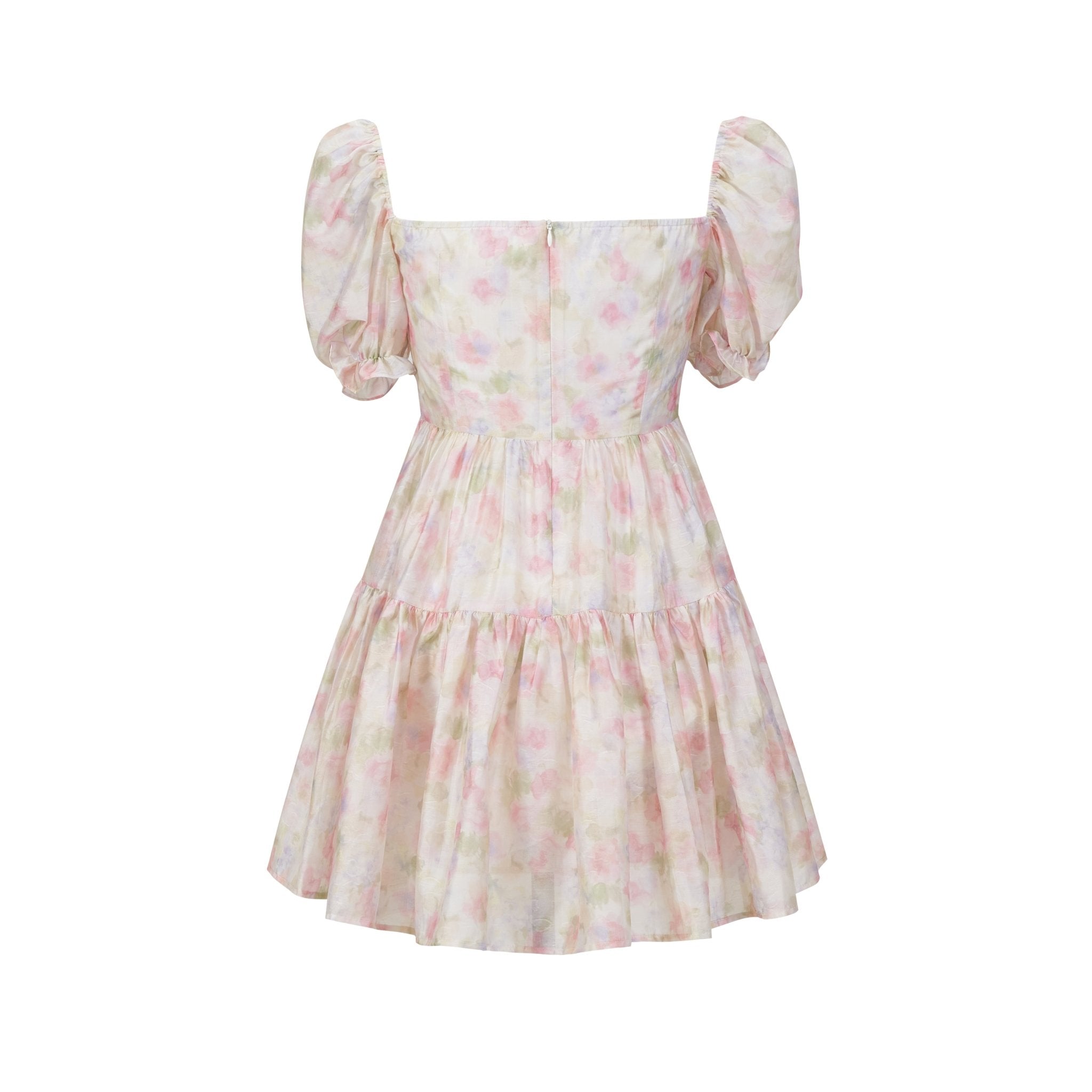 THREE QUARTERS Pink Crushed Floral Drill Chain Bubble Sleeve Dress | MADA IN CHINA