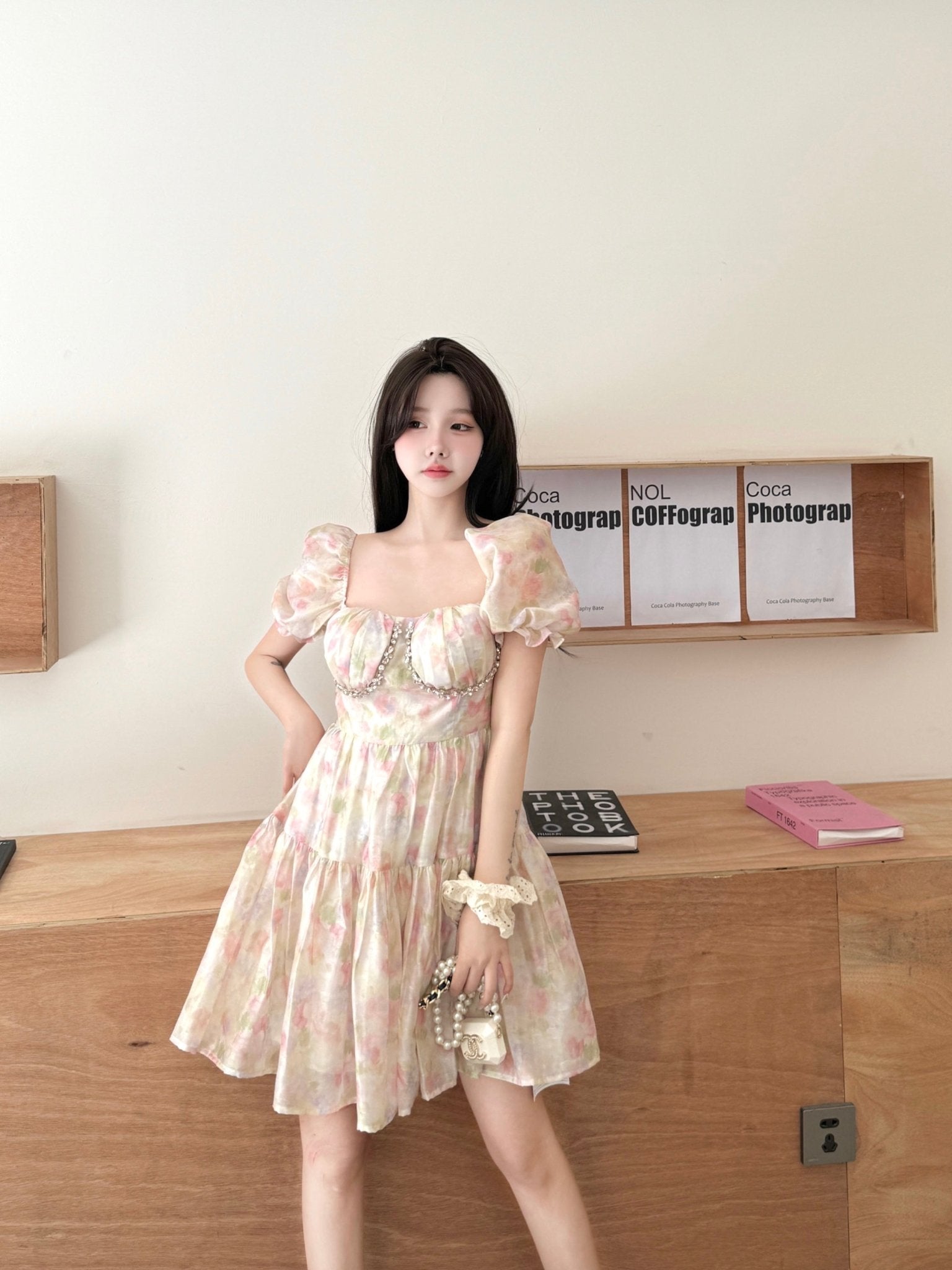 THREE QUARTERS Pink Crushed Floral Drill Chain Bubble Sleeve Dress | MADA IN CHINA