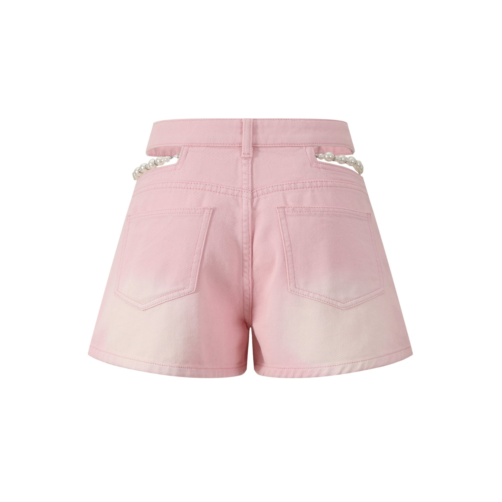 THREE QUARTERS Pink Cutout Pearl Chain Denim Shorts | MADA IN CHINA