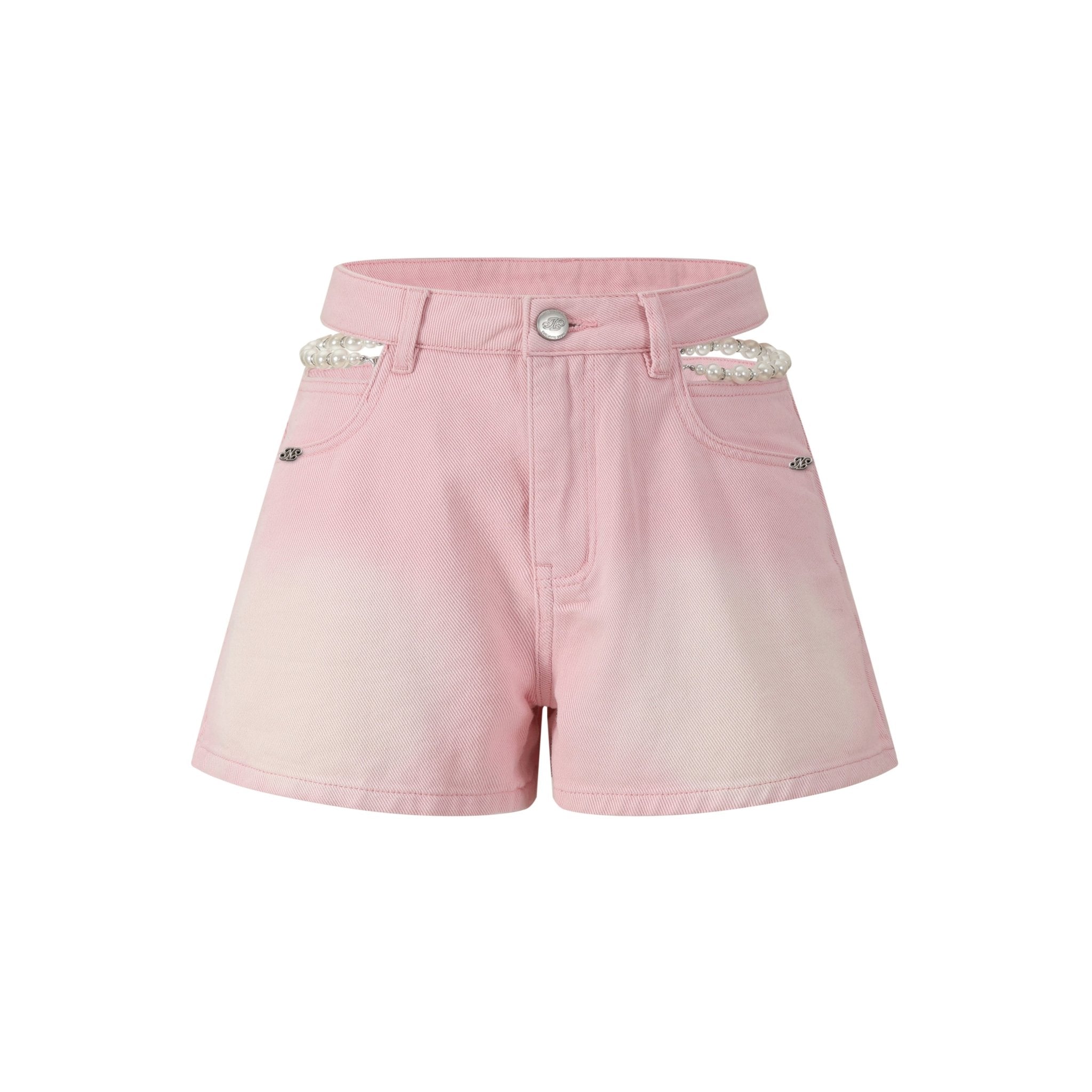 THREE QUARTERS Pink Cutout Pearl Chain Denim Shorts | MADA IN CHINA