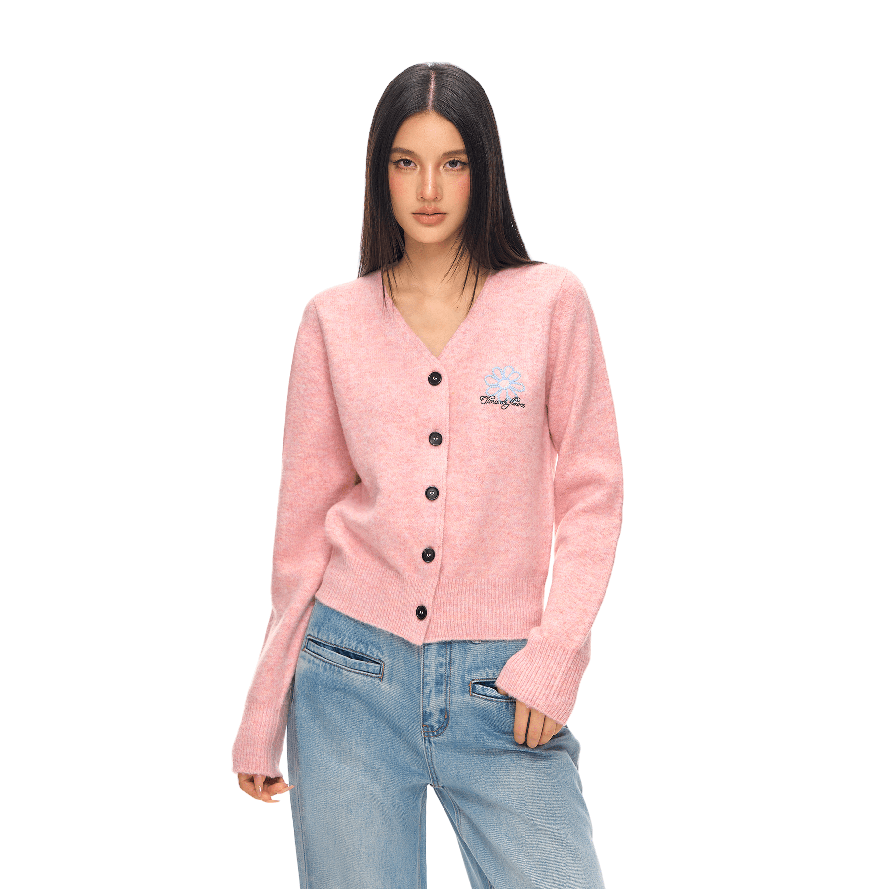 Climax Vision Pink Daisy Embroidery V - Neck Knitted Cardigan | MADAX