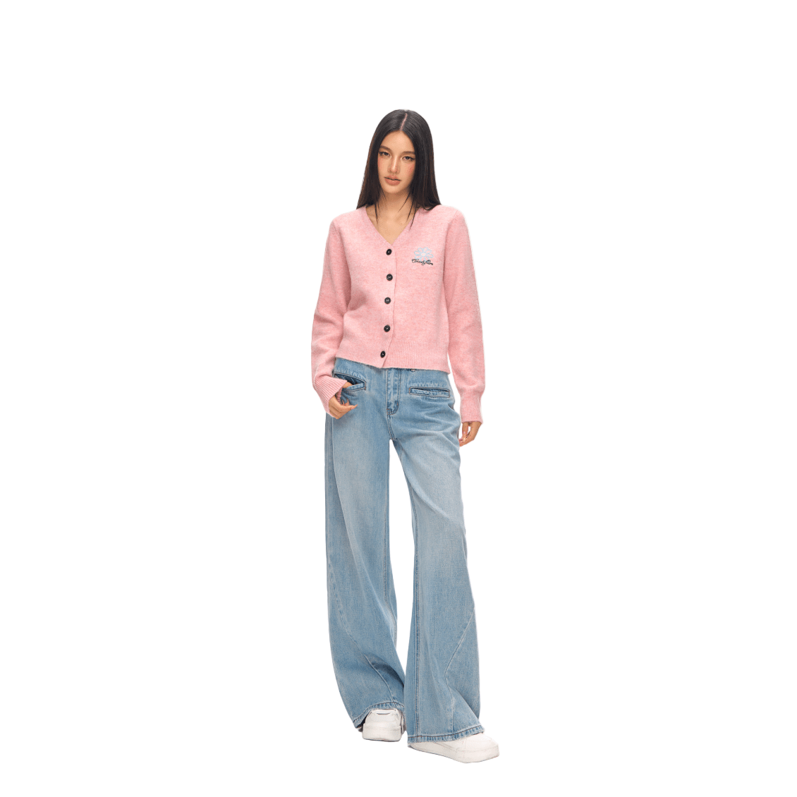 Climax Vision Pink Daisy Embroidery V - Neck Knitted Cardigan | MADAX