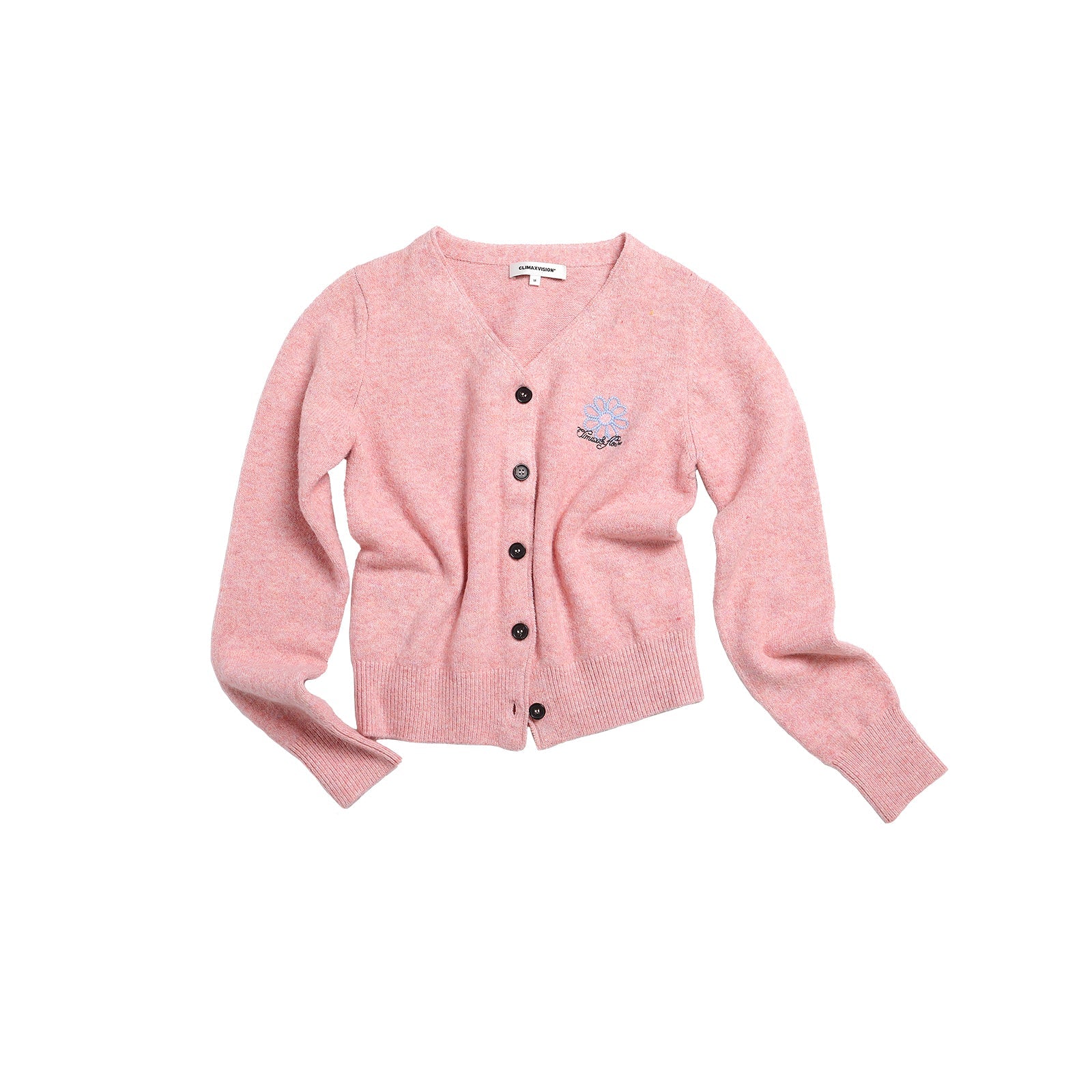 Climax Vision Pink Daisy Embroidery V - Neck Knitted Cardigan | MADAX