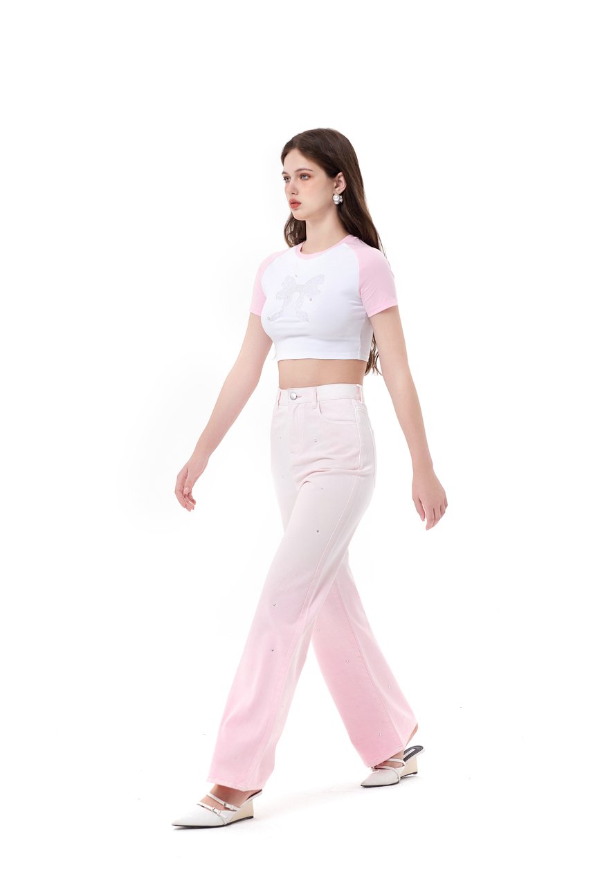 THREE QUARTERS Pink Gradient Rhinestone Straight Leg Jeans | MADA IN CHINA