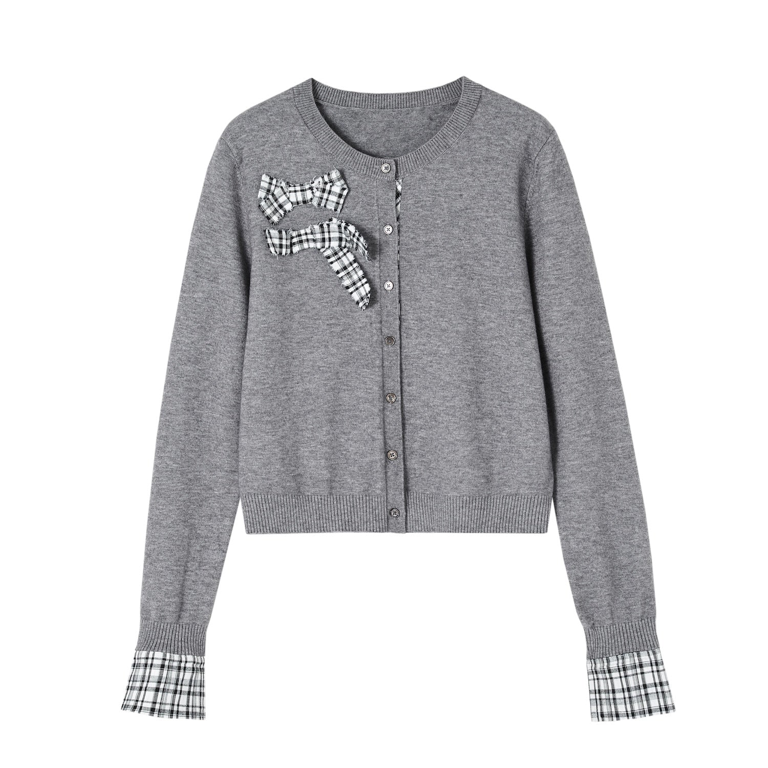 SOMESOWE Plaid Bow Sweater Cardigan In Gray | MADAX