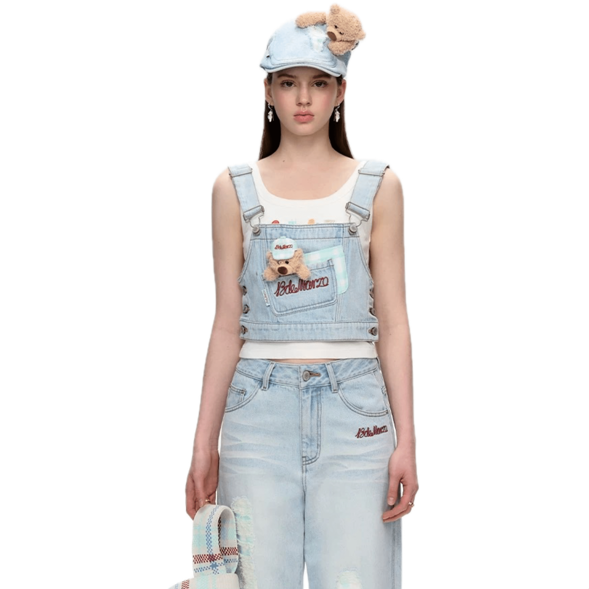 13DE MARZO Plaid Denim Strap Tops in Blue | MADAX