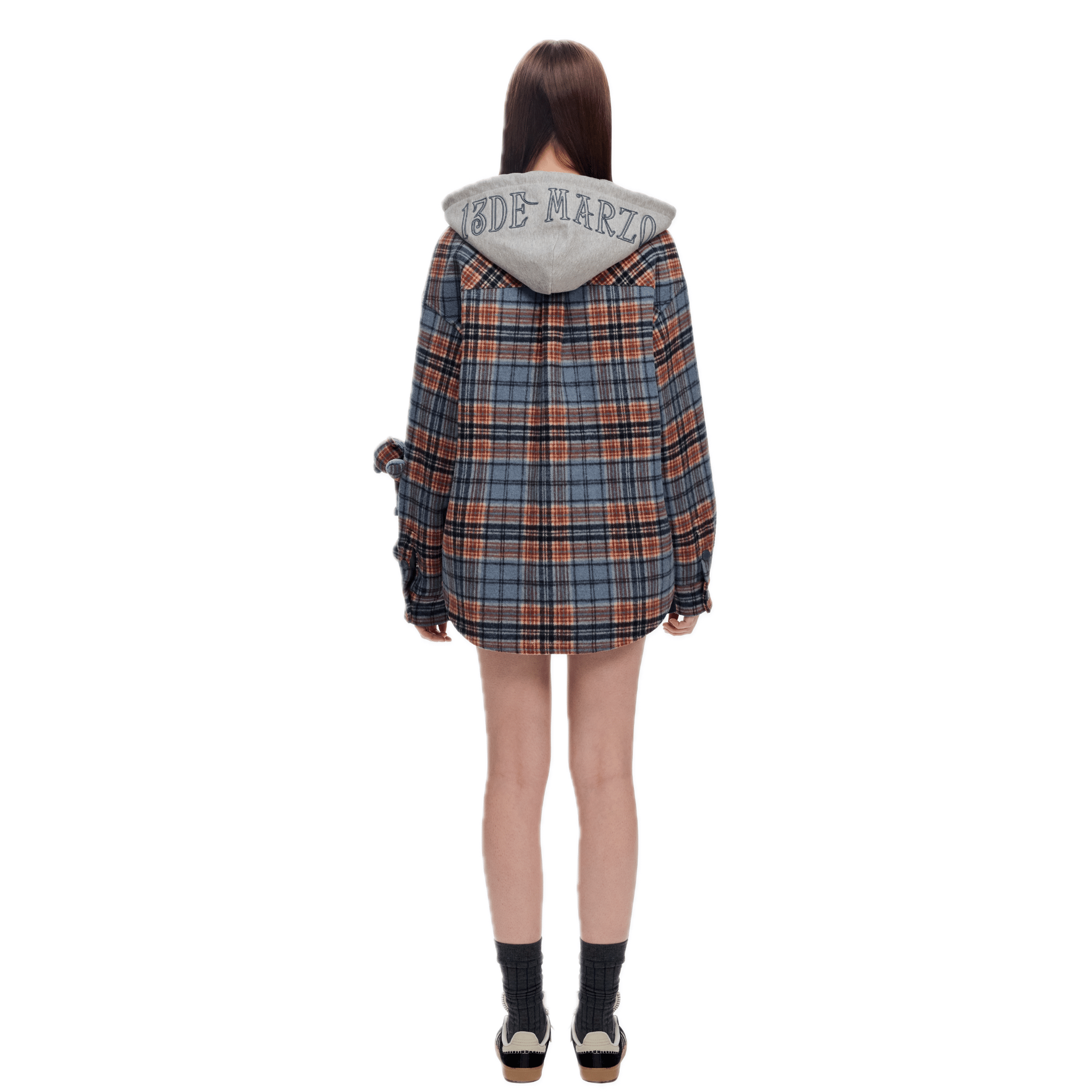 13DE MARZO Plaid Hooded Jacket in Blue | MADAX