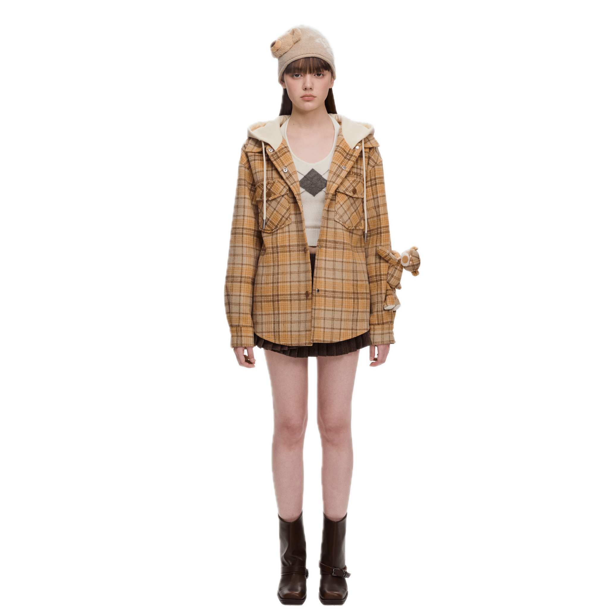 13DE MARZO Plaid Hooded Jacket in Yellow | MADAX