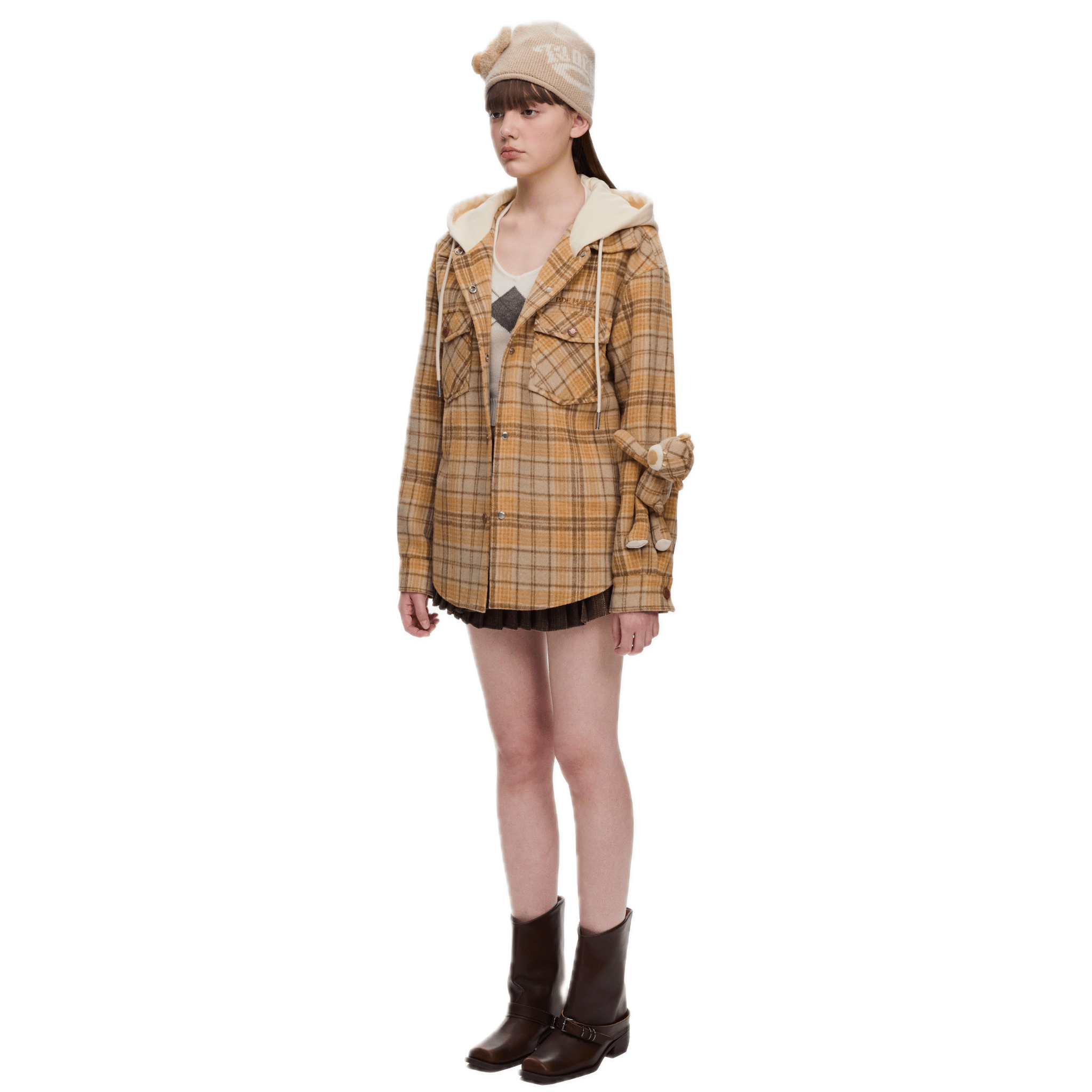 13DE MARZO Plaid Hooded Jacket in Yellow | MADAX