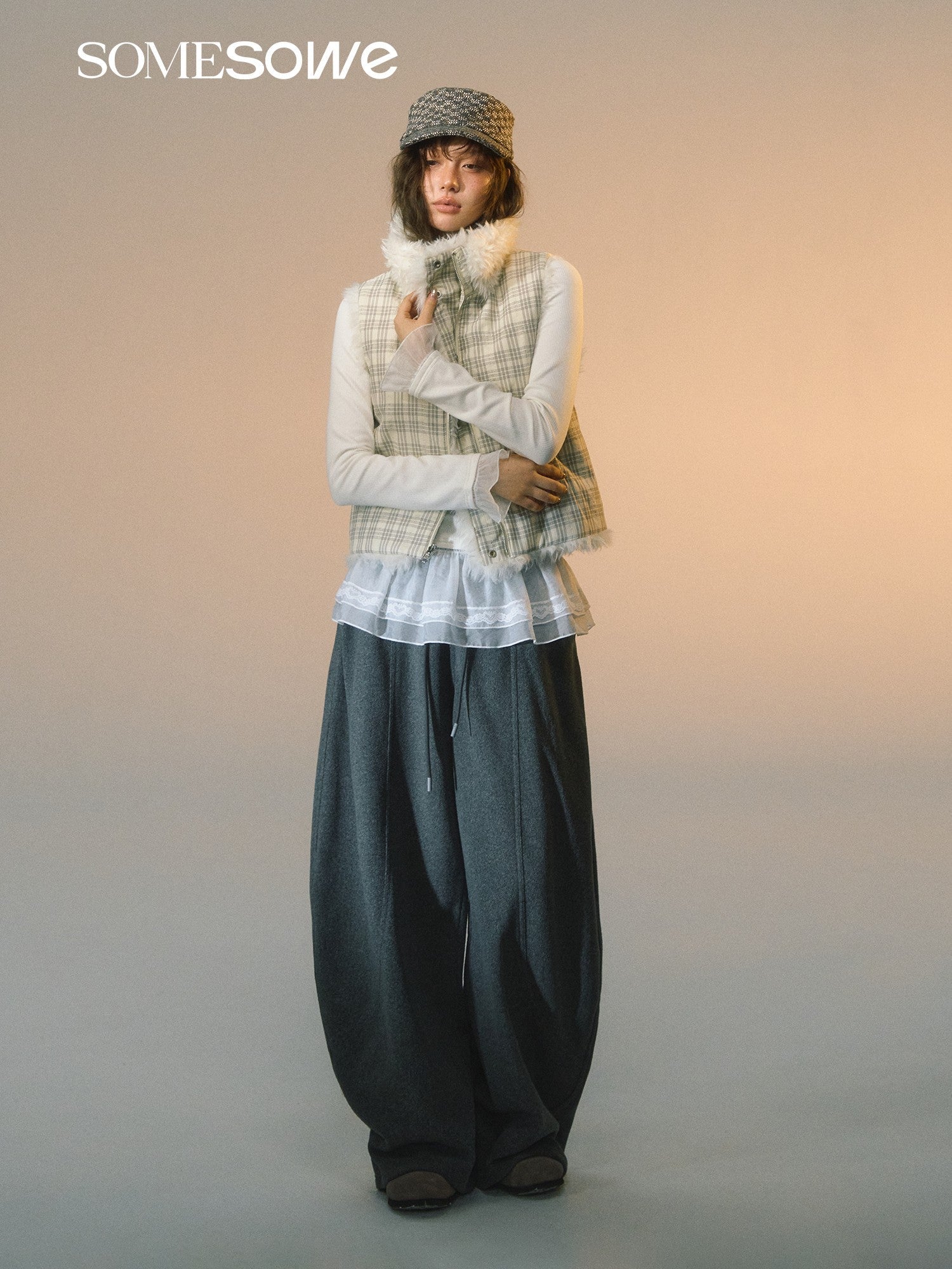 SOMESOWE Plaid Lambswool Double - Sided Vest In White | MADAX