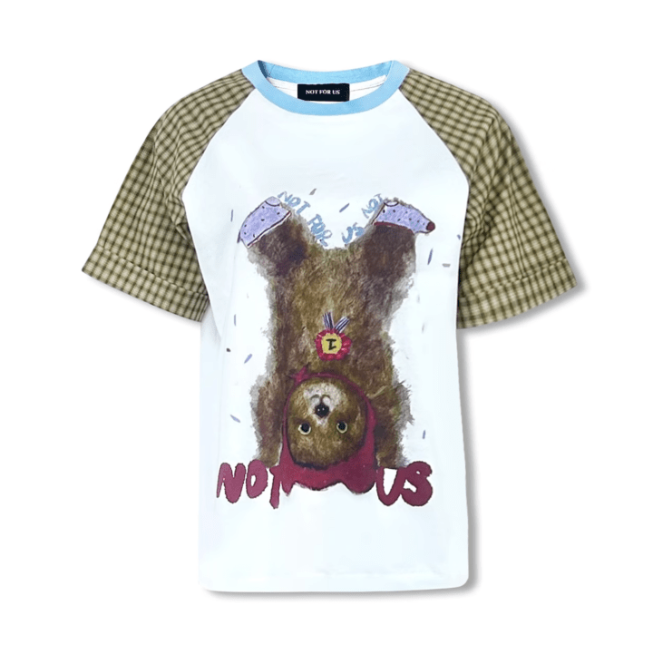 NOT FOR US Plaid Patchwork "inverted bear" Printed Short - sleeved in White | MADAX