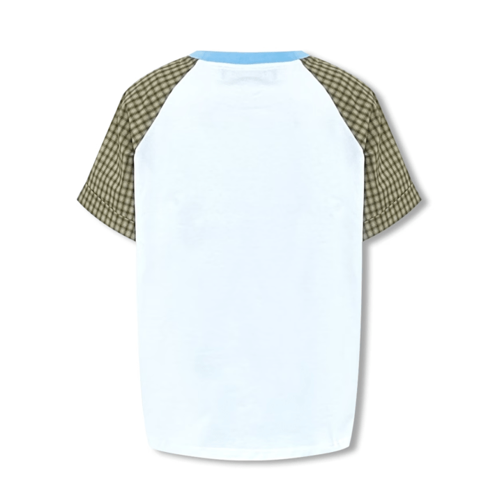NOT FOR US Plaid Patchwork "inverted bear" Printed Short - sleeved in White | MADAX